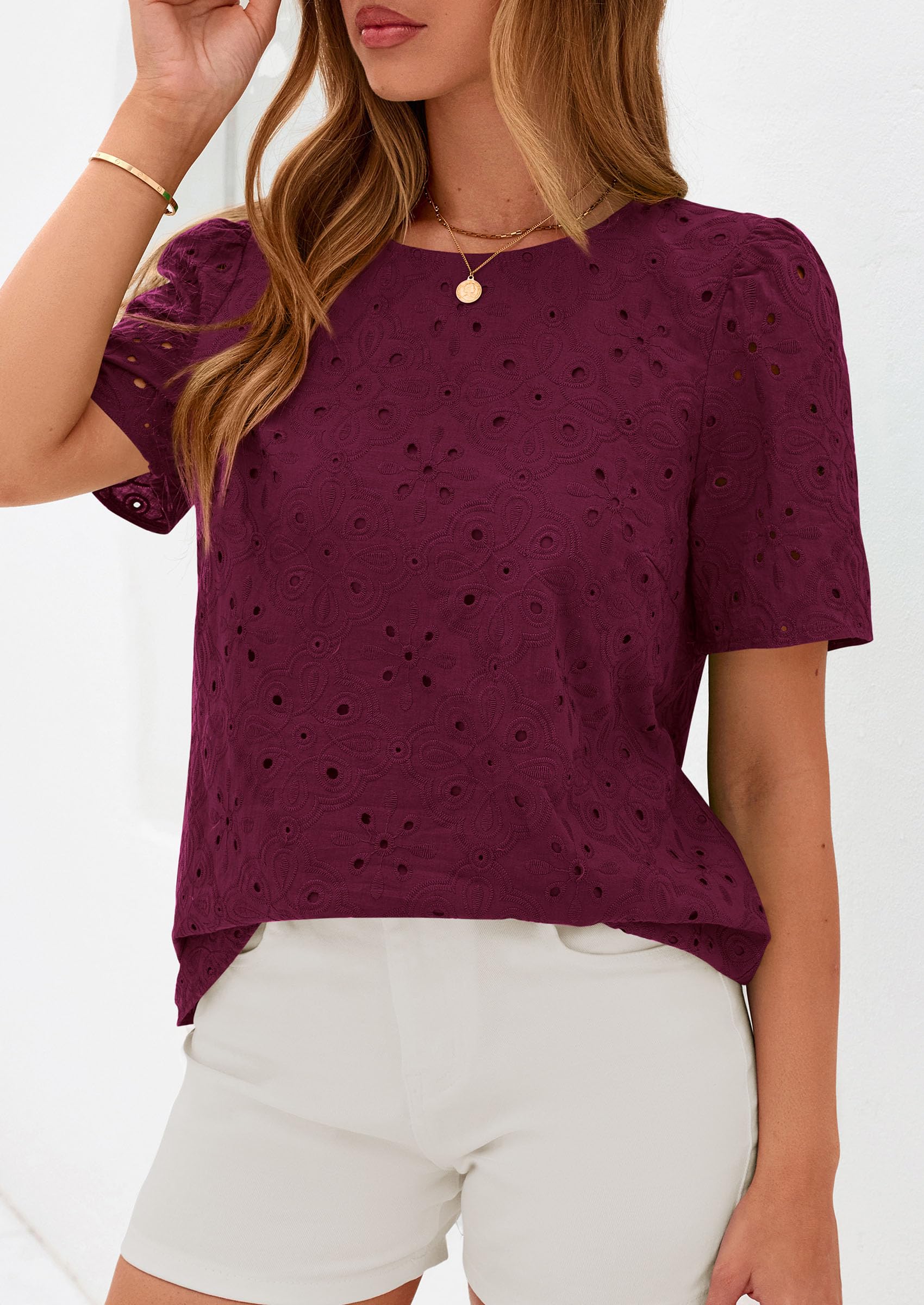 PRETTYGARDEN Women's Puff Short Sleeve Eyelet Shirts Summer Lace Blouses Dressy Casual Work Tops Spring Teacher Clothes