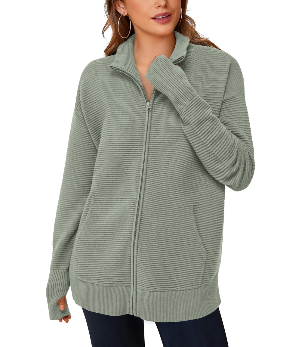 PRETTYGARDEN Womens Fall Long Sleeve Zip Up Cardigan Sweaters Casual Loose Collared Ribbed Knit Tops Jackets Thumb Hole
