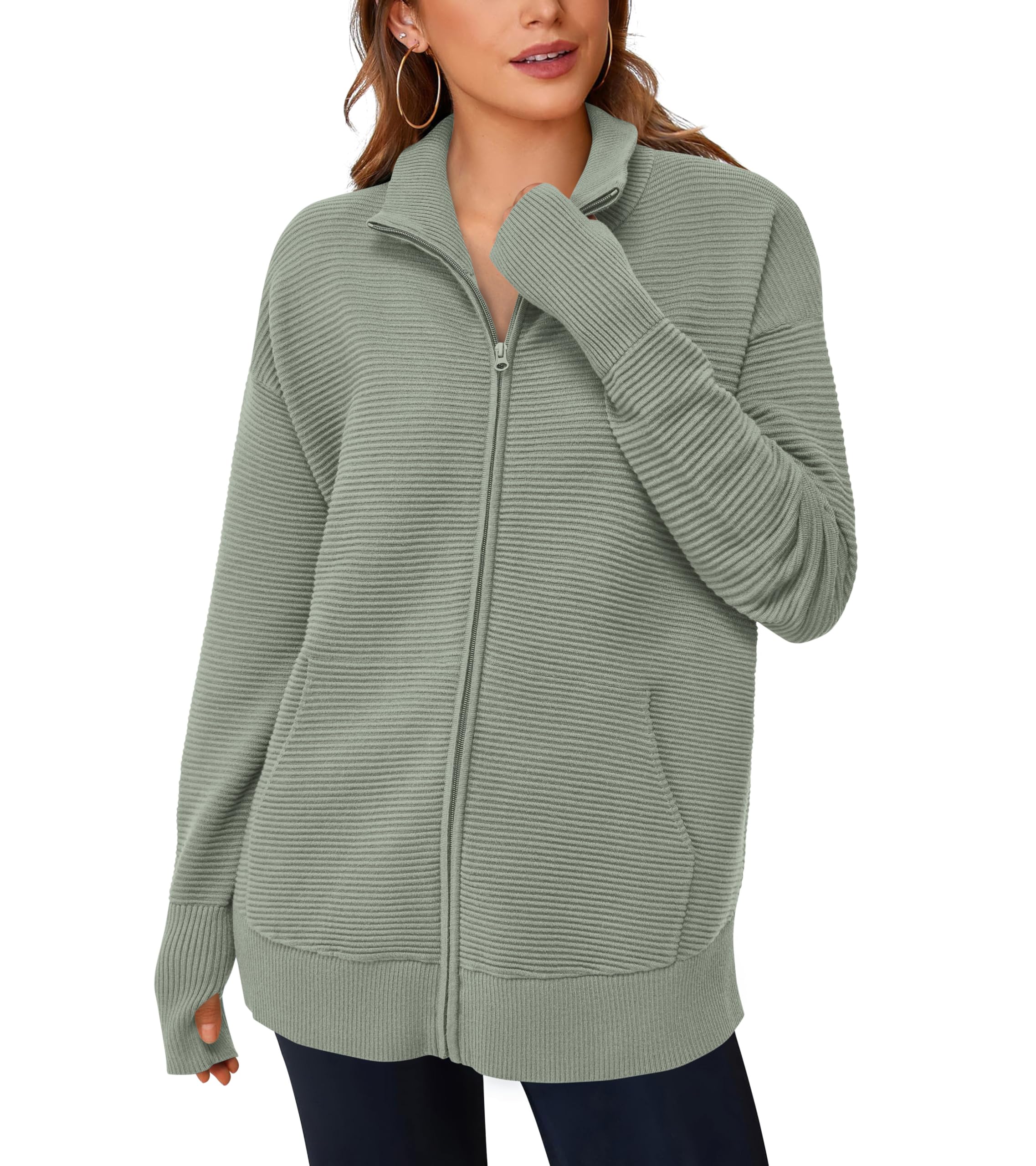 PRETTYGARDEN Womens Fall Long Sleeve Zip Up Cardigan Sweaters Casual Loose Collared Ribbed Knit Tops Jackets Thumb Hole