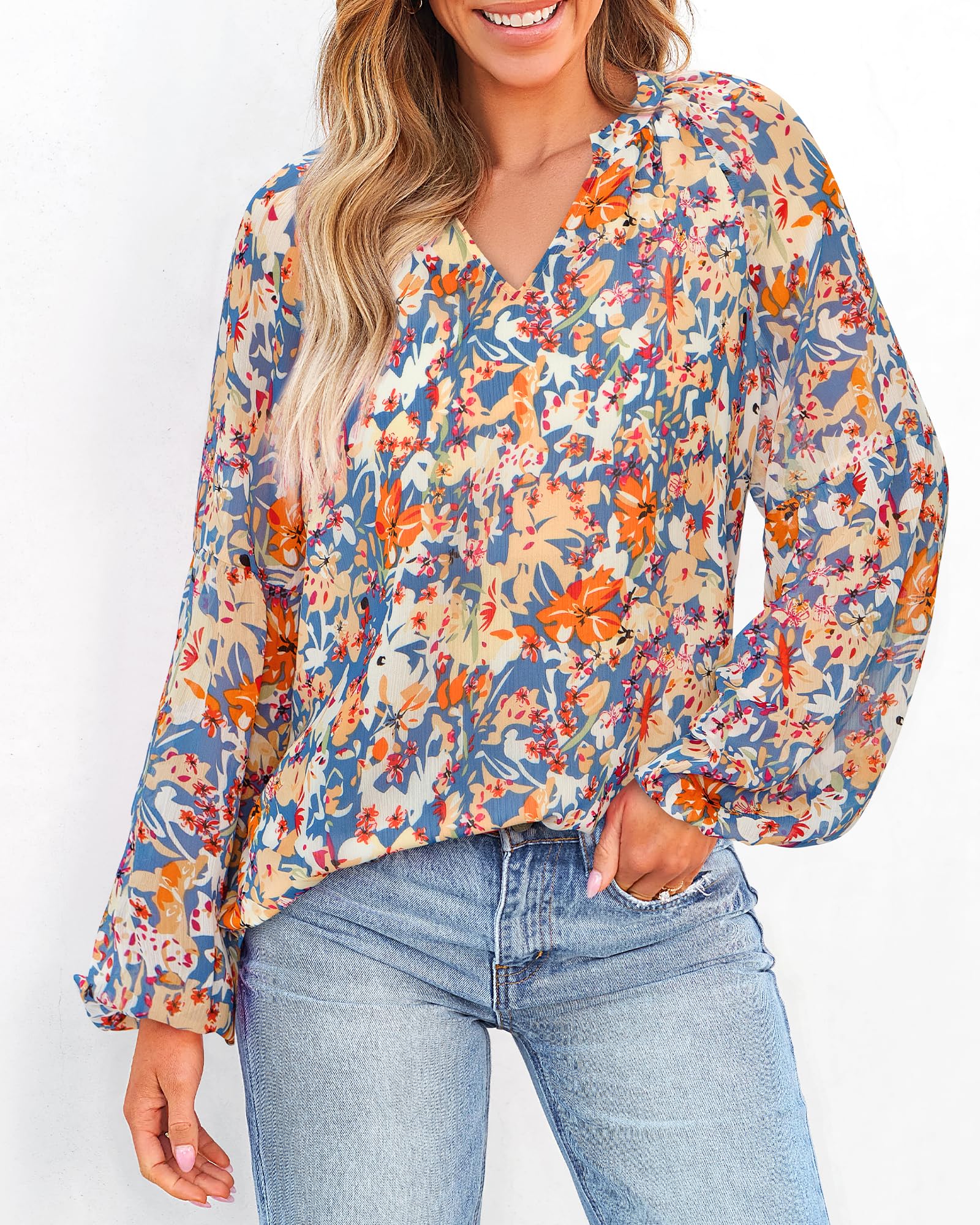 FreshPretty Blouses for Women Floral Boho Tops V Neck Lightweight Long Sleeve Shirts Fall Dressy Casual Vacation Outfits