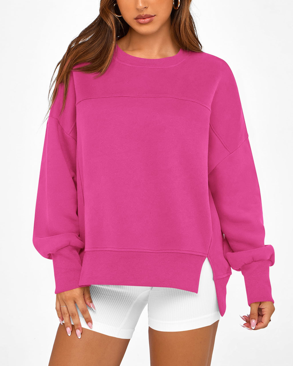 BTFBM Women's Casual Crewneck Sweatshirts Spring Long Sleeve Side Slit Workout Fleece Pullover Top Fashion Clothing