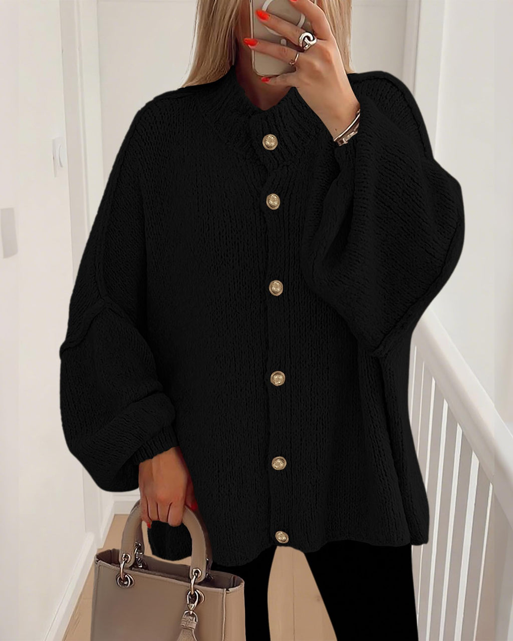 BTFBM Cardigan Sweaters for Women Fall Clothes Lantern Long Sleeve Button Open Front Chunky Knit Oversized Sweater