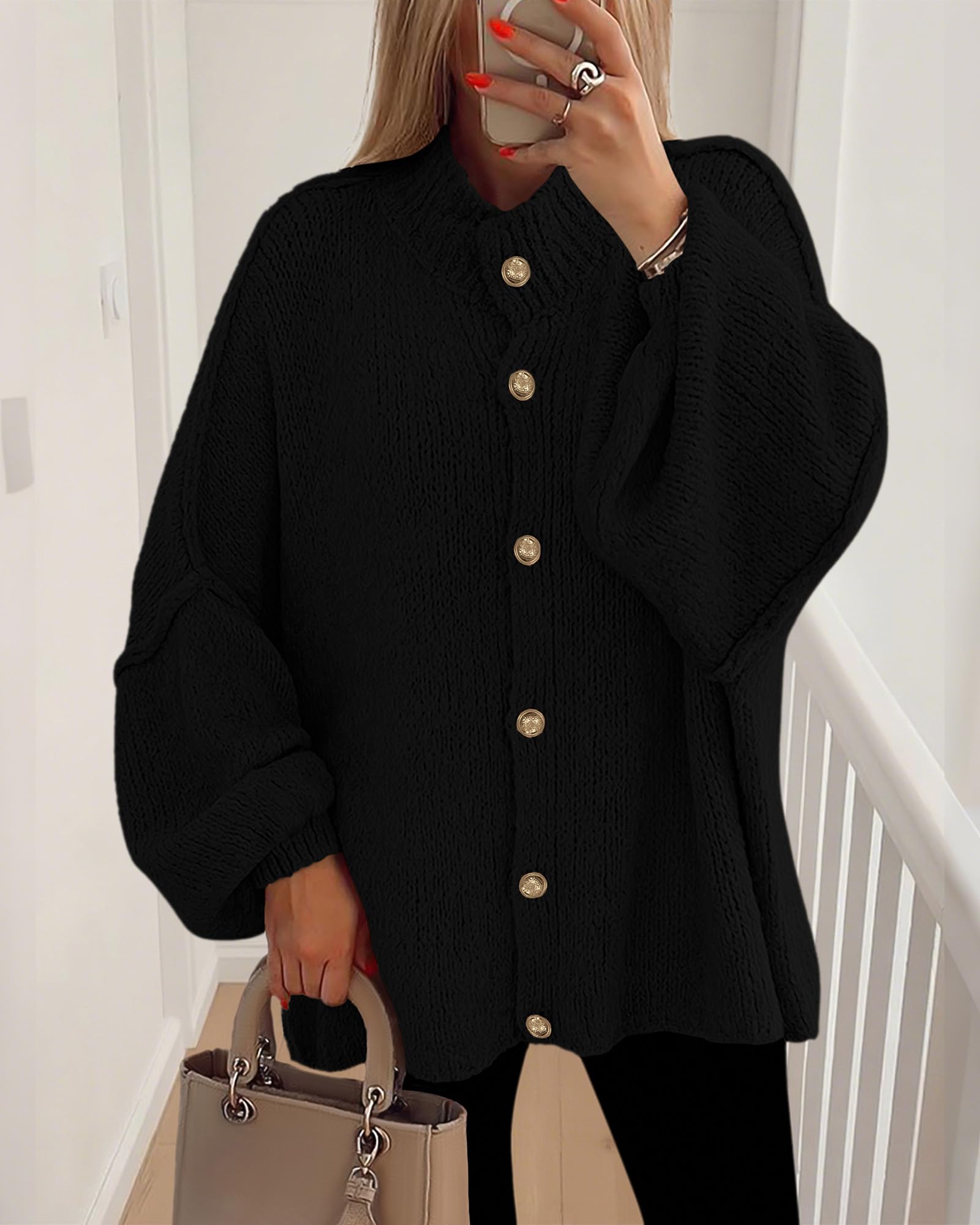 BTFBM Cardigan Sweaters for Women Fall Clothes Lantern Long Sleeve Button Open Front Chunky Knit Oversized Sweater