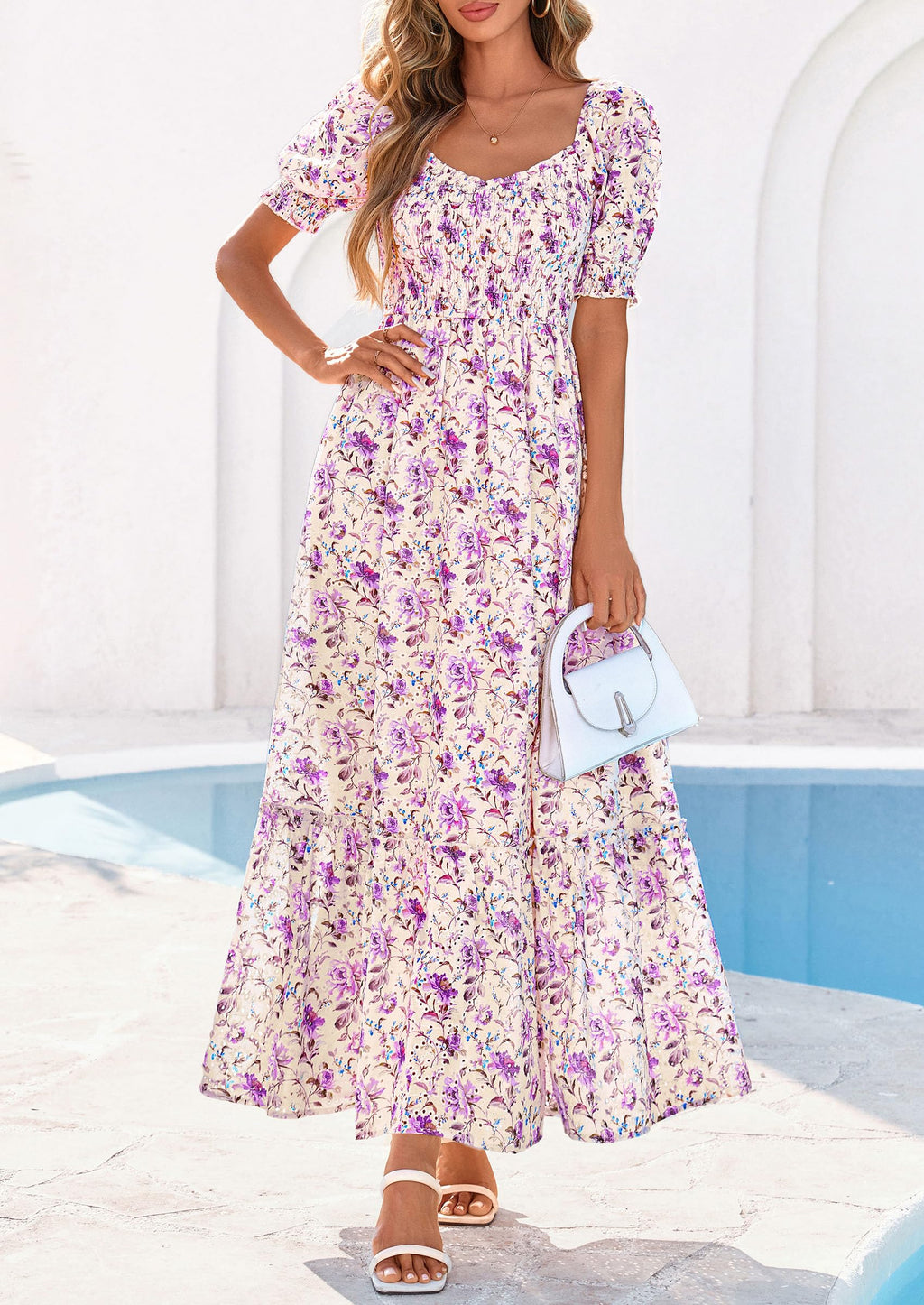 PRETTYGARDEN Women's Floral Boho Maxi Dresses Flowy Short Sleeve A Line Smocked Eyelet Summer Beach Vacation Clothes