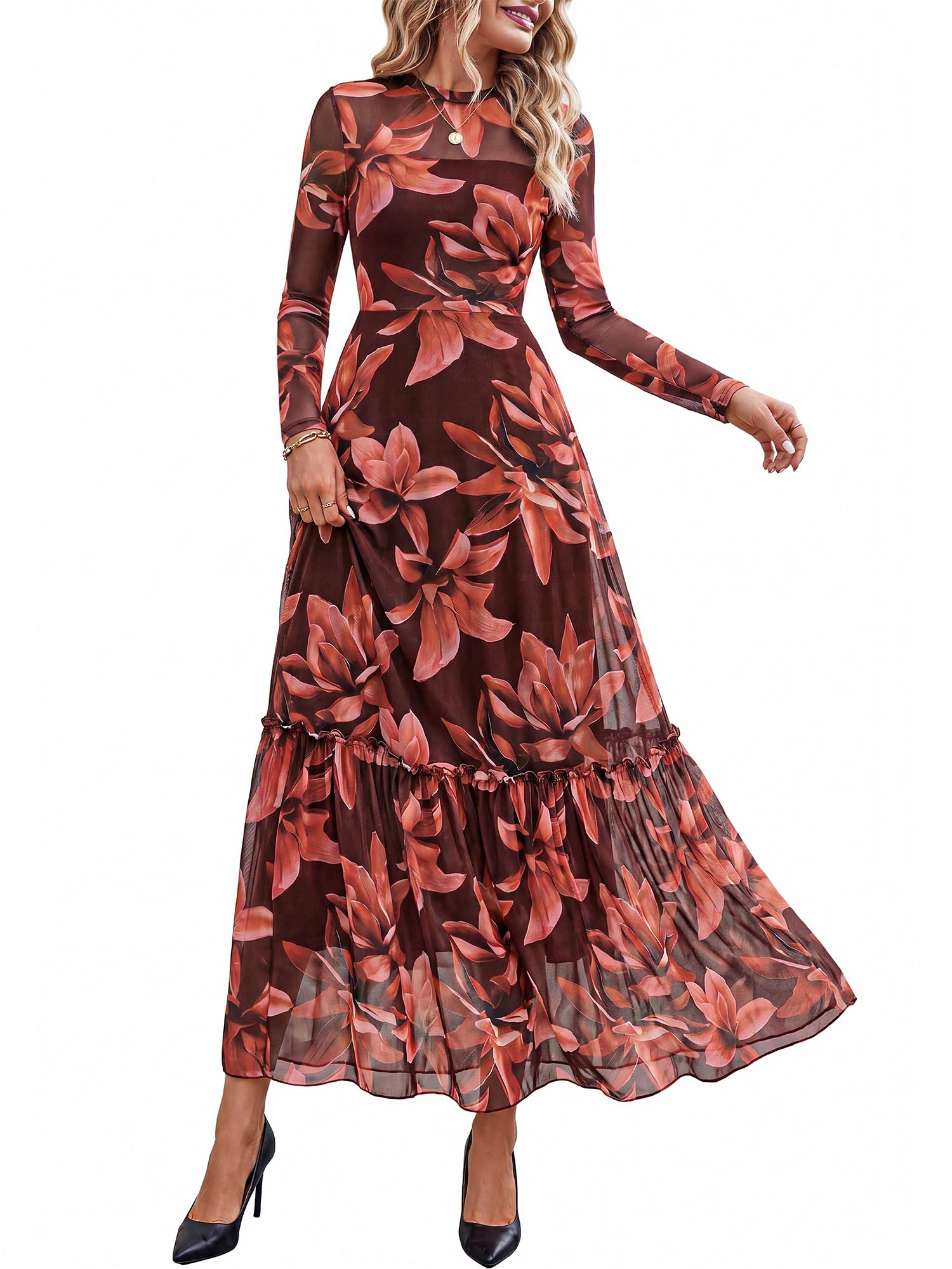 BTFBM Boho Mesh Long Sleeve Dress for Women | Mock Neck, Floral, A Line, Tiered, Graduation, Wedding, Cocktail Maxi Dresses, Fall Fashion, Resort Wear