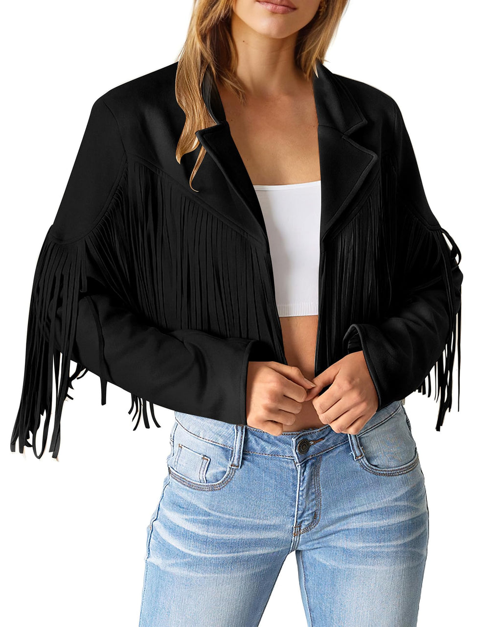 PRETTYGARDEN Women's Fringe Faux Suede Leather Jackets Fall Fashion Tassel Motorcycle Cropped Coats