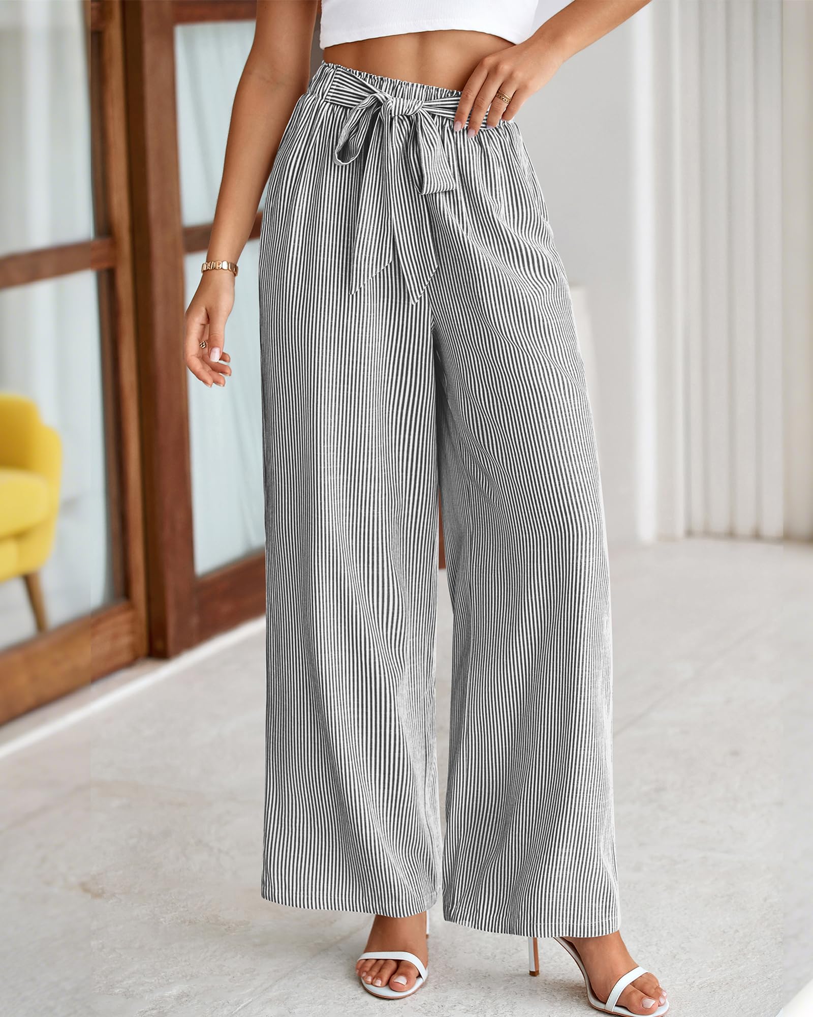 BTFBM Pants for Women Spring Clothes Striped High Waist Tie Knot Dressy Casual Wide Leg Palazzo Work Trousers Pants