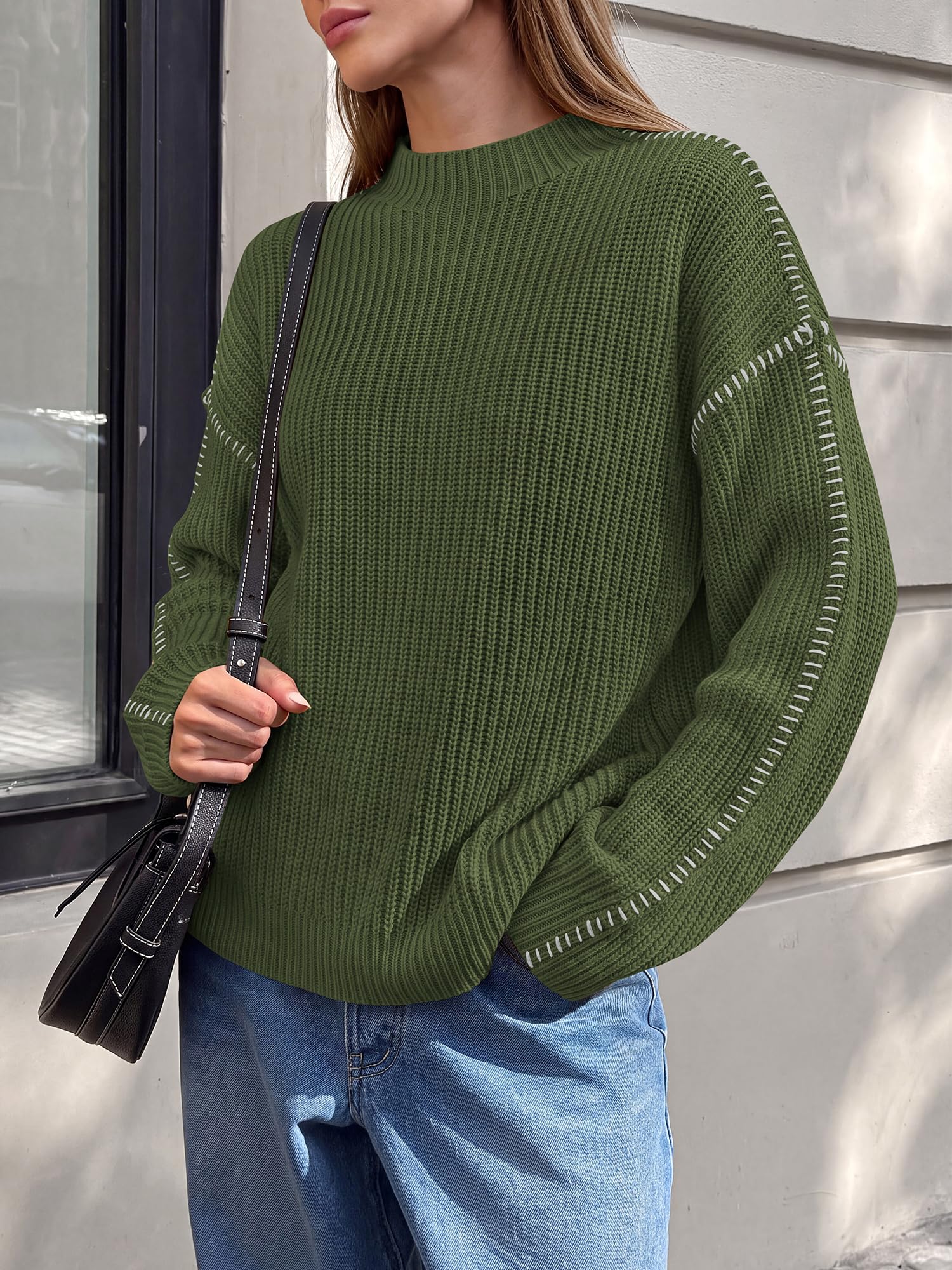 "BTFBM Womens Oversized Sweaters Contrast Chunky Knit Sweater Loose Fit Mock Neck Long Sleeve Tops, Soft Cozy Knitwear, Fall Fashion 2026, Casual Winter Clothing, Daily Going Out Outfits"