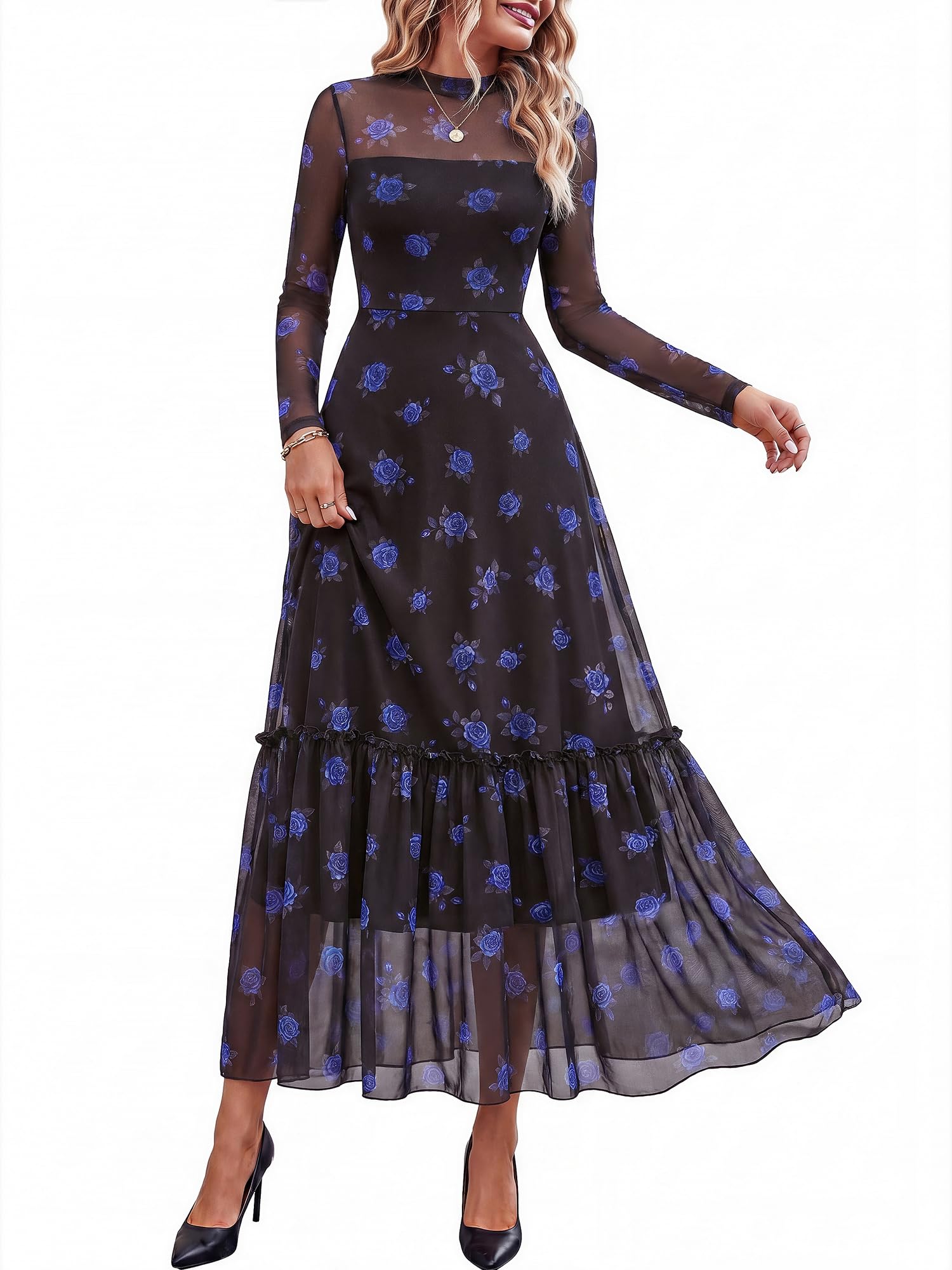 BTFBM Boho Mesh Long Sleeve Dress for Women | Mock Neck, Floral, A Line, Tiered, Graduation, Wedding, Cocktail Maxi Dresses, Fall Fashion, Resort Wear