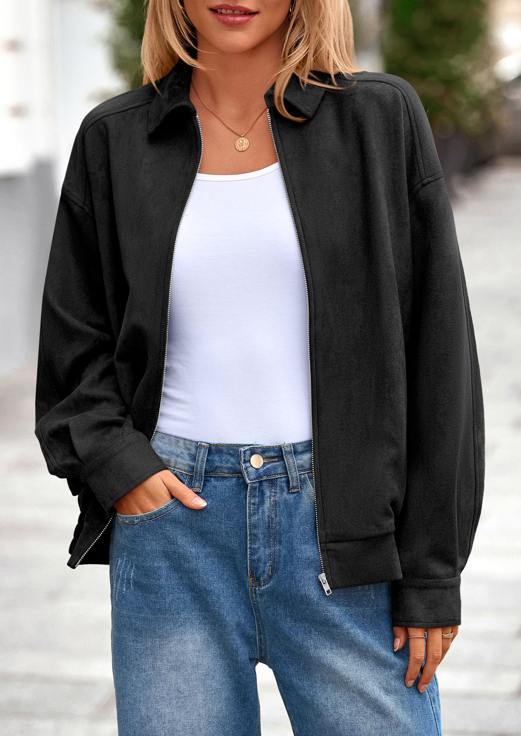 PRETTYGARDEN Faux Suede Bomber Jacket Women Fall Fashion Casual Zip Up Oversized Trendy Winter Clothing Outerwear Coats