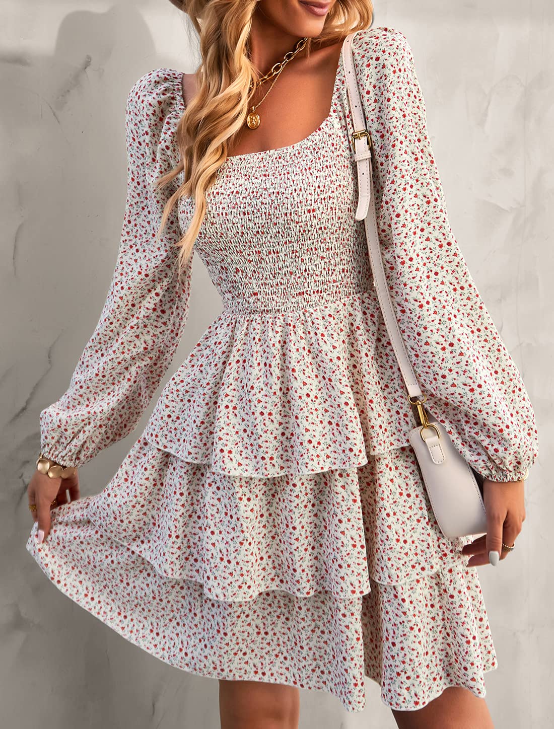 FreshPrettyWomen Square Neck Smocked Dresses Summer Spring Long Sleeve Floral Swiss Dot Mini Boho Wedding Guest Dress