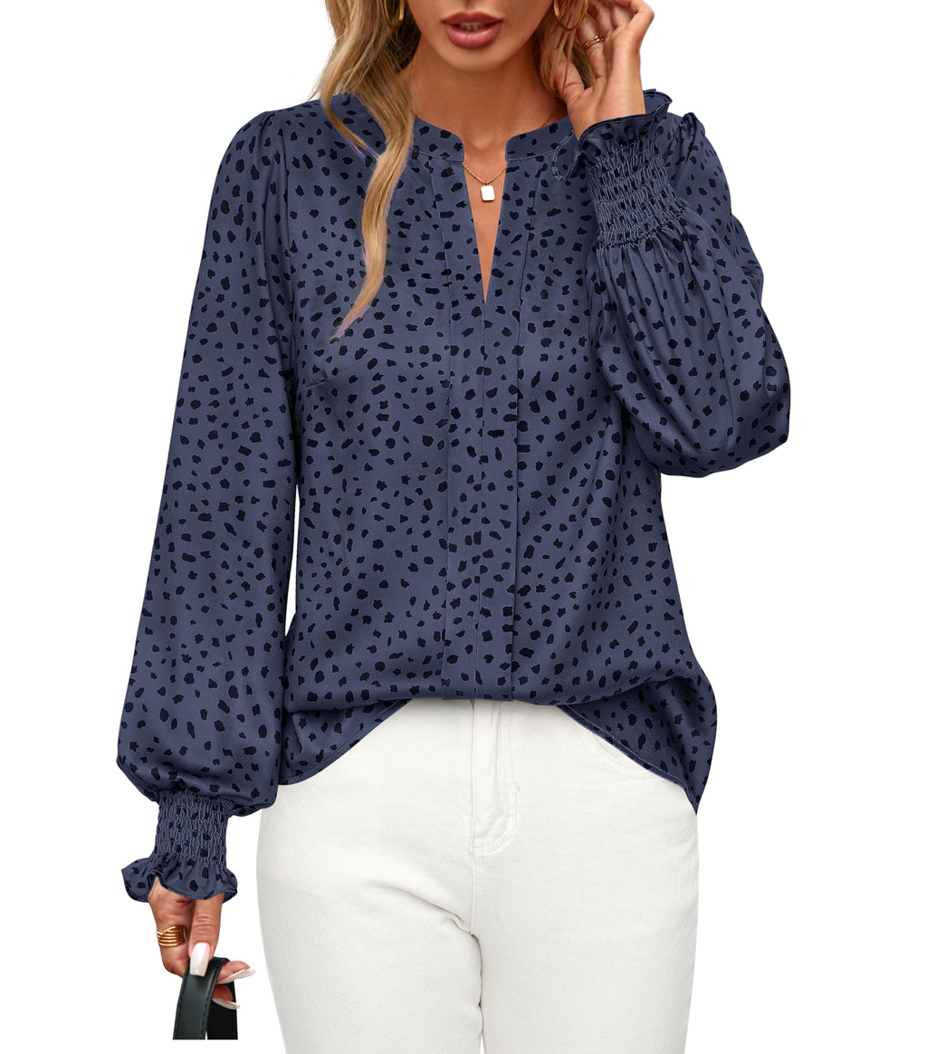 FreshPretty Womens Boho Floral Long Sleeve Tops Fall Fashion V Neck Loose Chiffon Work Blouses Dressy Casual Ruffle Shirts