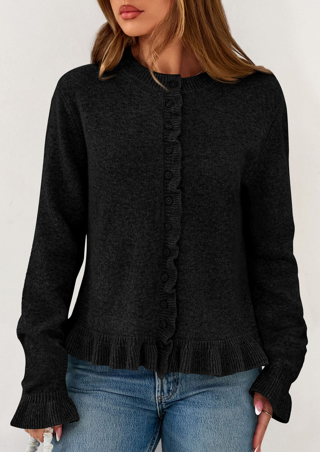 PRETTYGARDEN Womens Fall Button Down Cardigans Chunky Knit Ruffle Open Front Cropped Cardigan Sweaters Soft Long Sleeve Tops