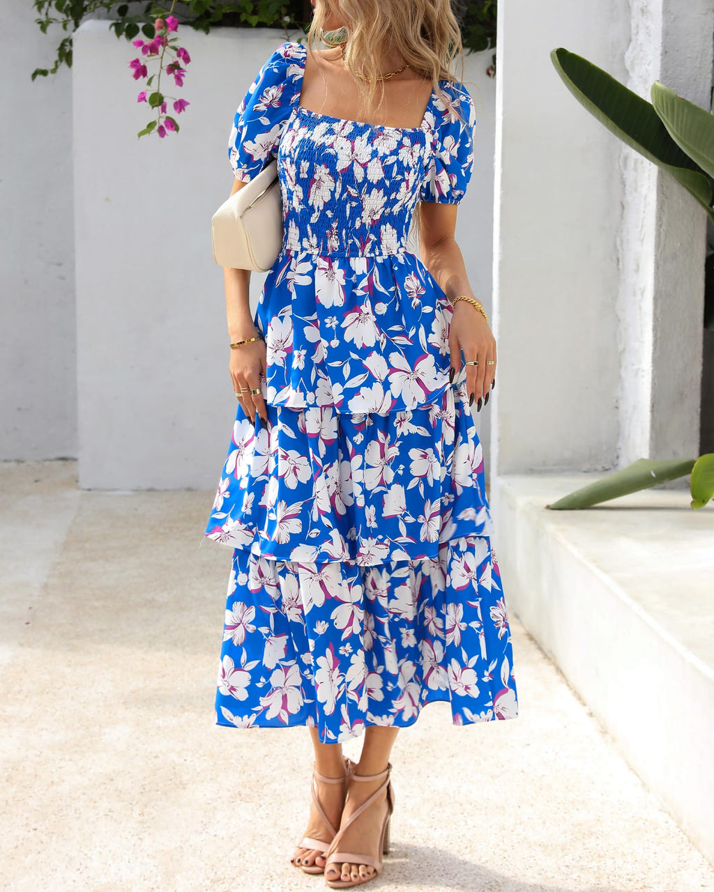 BTFBM Womens Square Neck Smocked Dress Summer Puff Short Sleeve Floral Casual Ruffle Tiered Maxi Wedding Guest Dresses