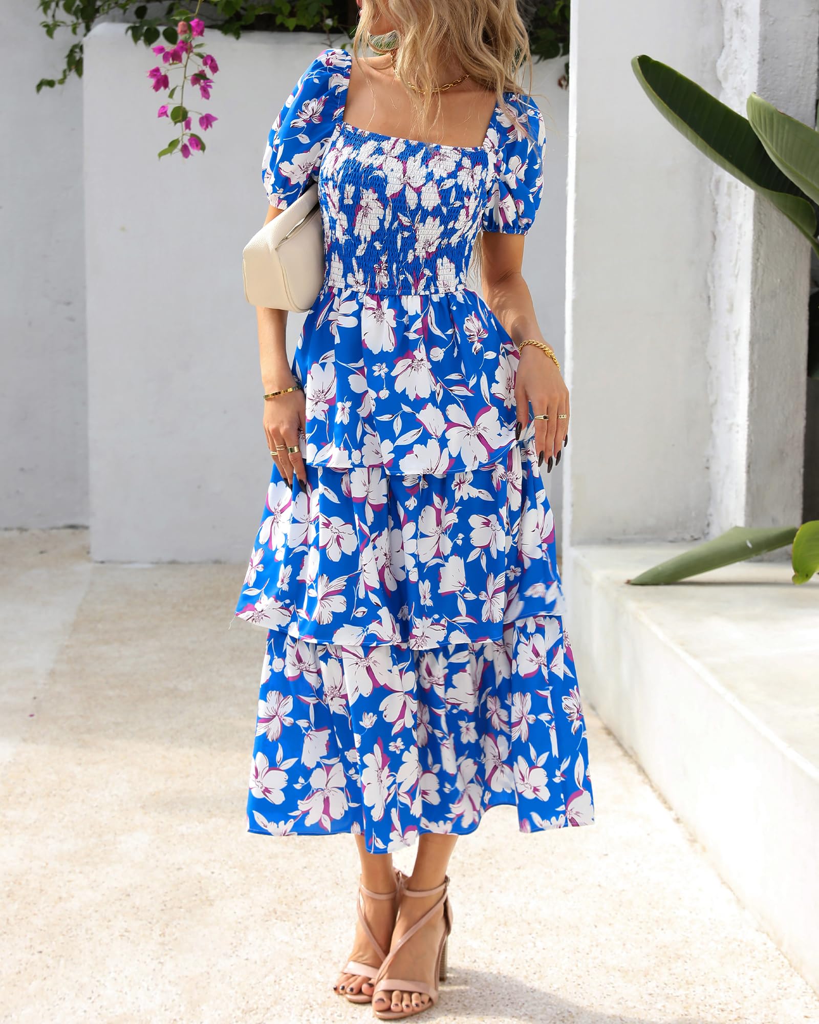 BTFBM Womens Square Neck Smocked Dress Summer Puff Short Sleeve Floral Casual Ruffle Tiered Maxi Wedding Guest Dresses