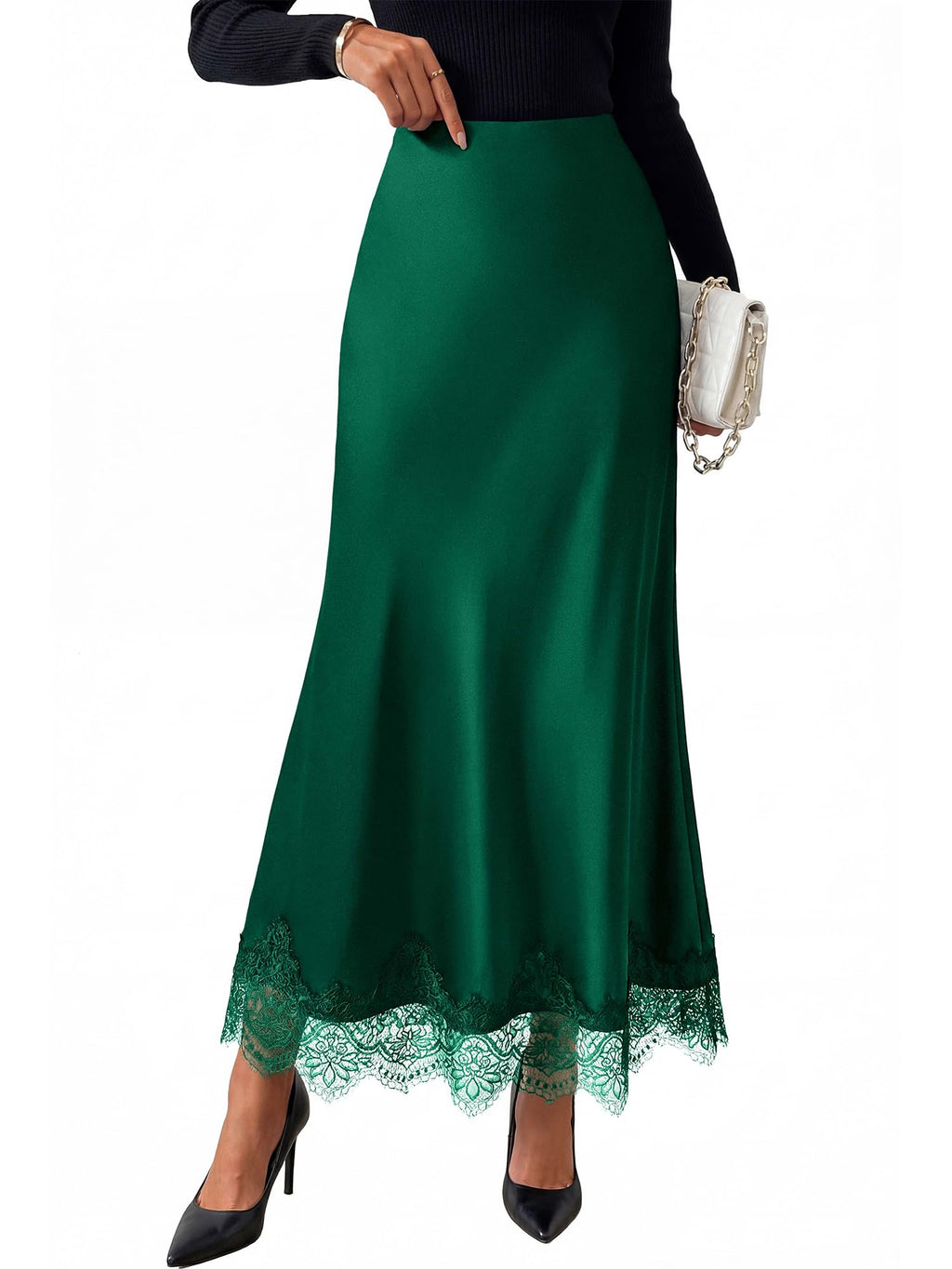 BTFBM Lace Trim Satin Skirts for Women Elegant | Lightweight, High Waist, A-Line, Flowy Maxi Skirt, Wedding, Cocktail, Graduation, Holiday Outfits, Fall Fashion Clothing