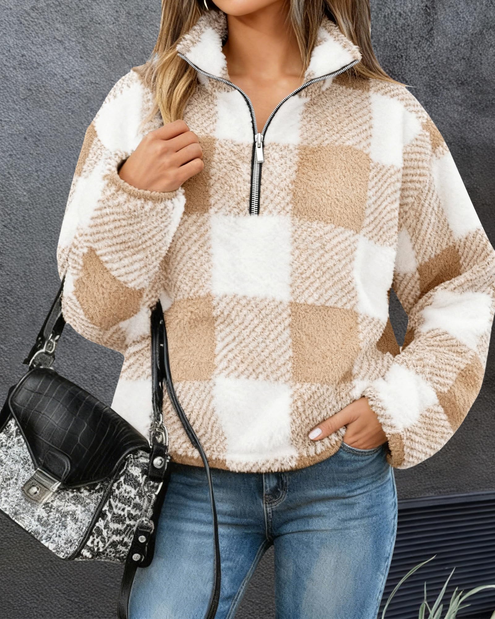 BTFBM Womens Sweatshirt Sherpa Quarter Zip Pullover Fall Winter Long Sleeve Fleece Sweaters Hoodies Sweatshirts Clothes