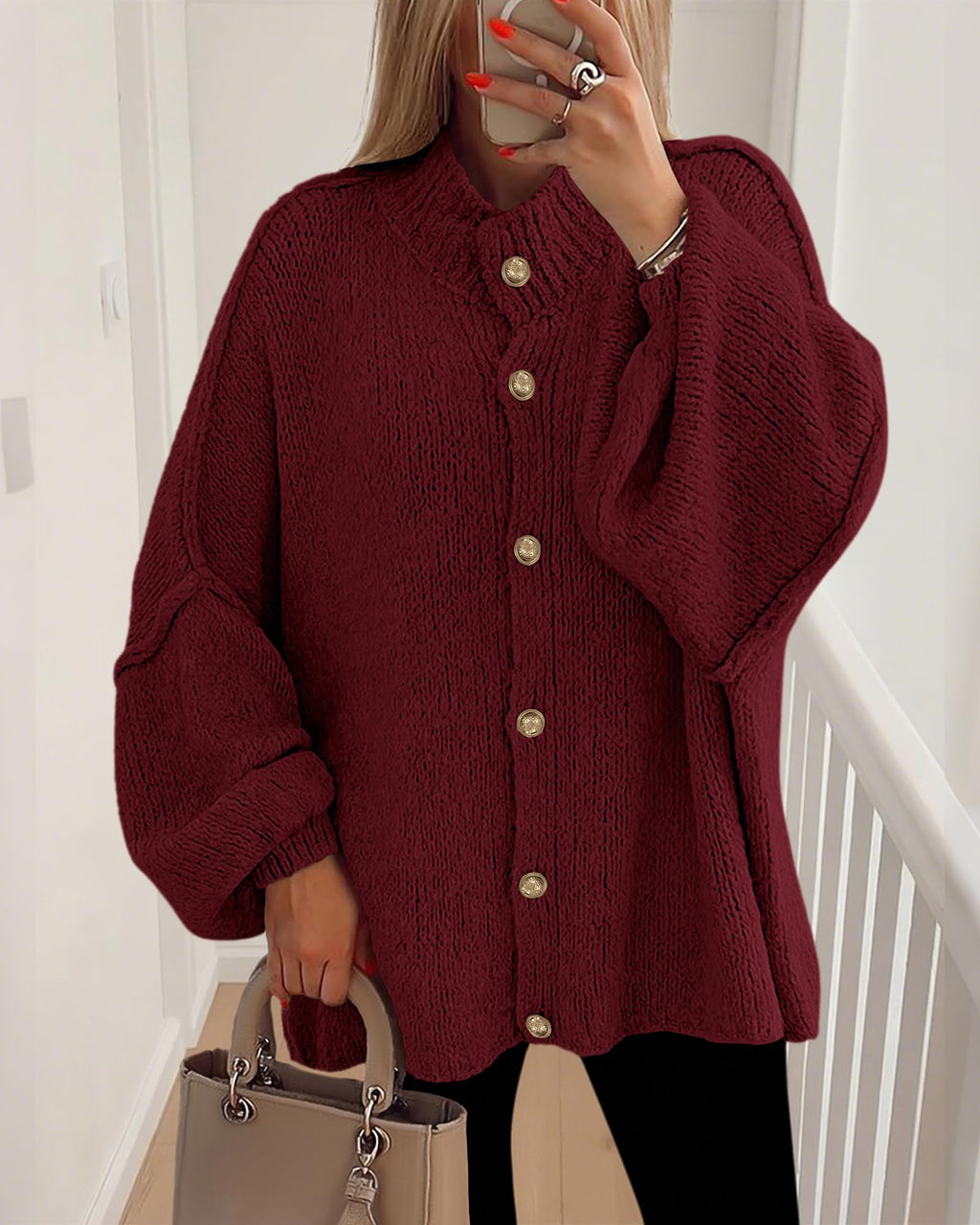 FreshPretty Cardigan Sweaters for Women Fall Clothes Lantern Long Sleeve Button Open Front Chunky Knit Oversized Sweater