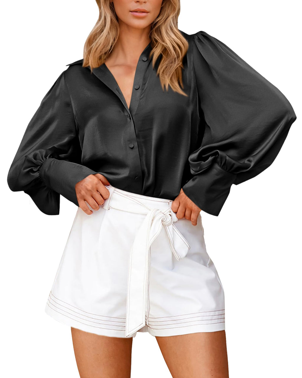 BTFBM Women Satin Blouses Summer Fall Clothes Button Down Lantern Long Sleeve Shirts Work Business Casual Dressy Tops