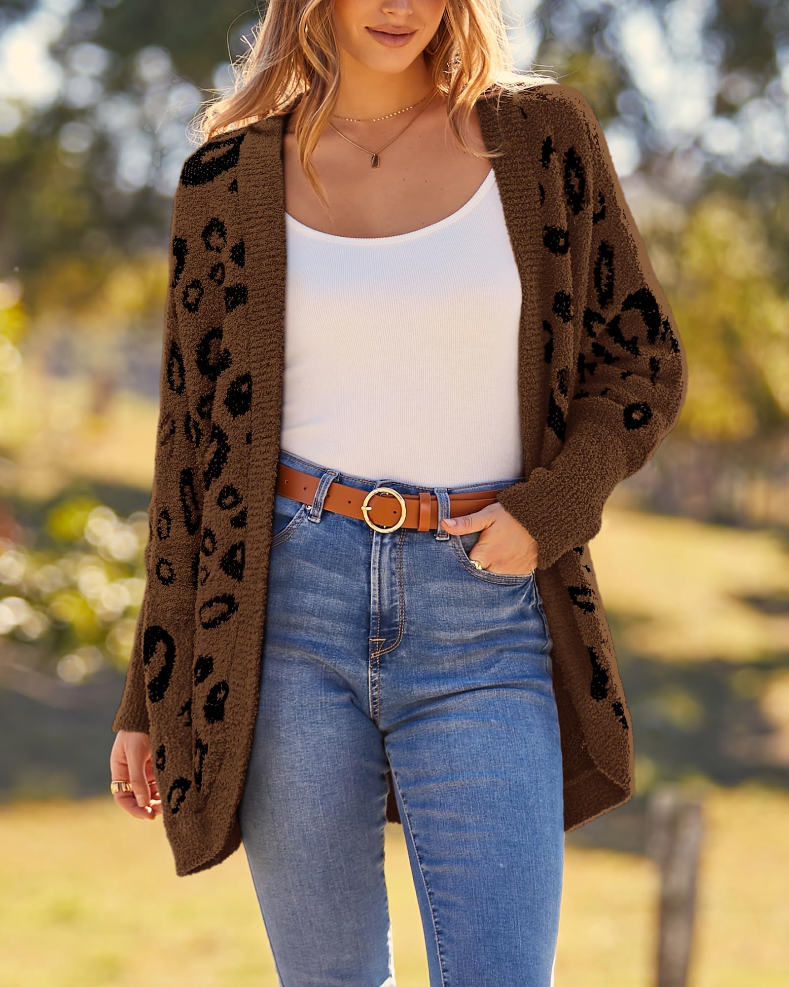 FreshPretty Leopard Cardigan for Women Long Sleeve Open Front Cardigans Sweaters Pockets Loose Knit Fall Winter Outwear