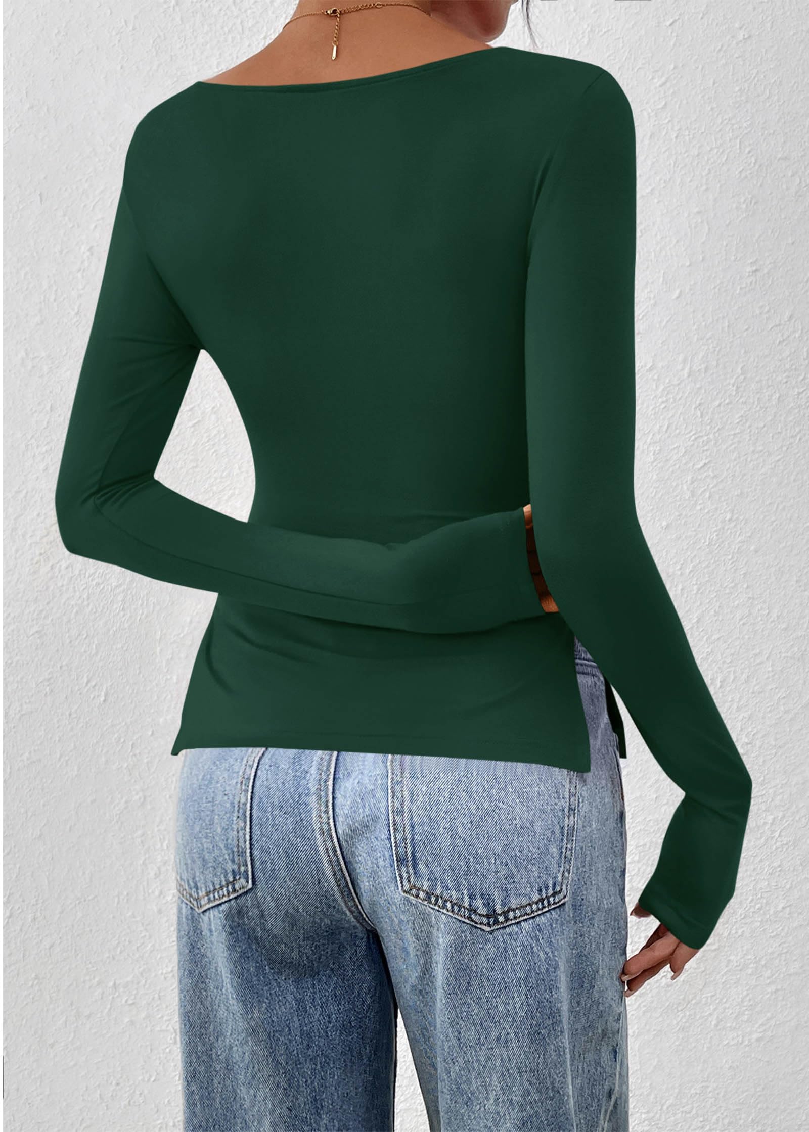 FreshPretty Long Sleeve Shirts for Women Fall Casual Boat Neck Knit Workout Going Out Tops Fitted Side Slit Basic Tees