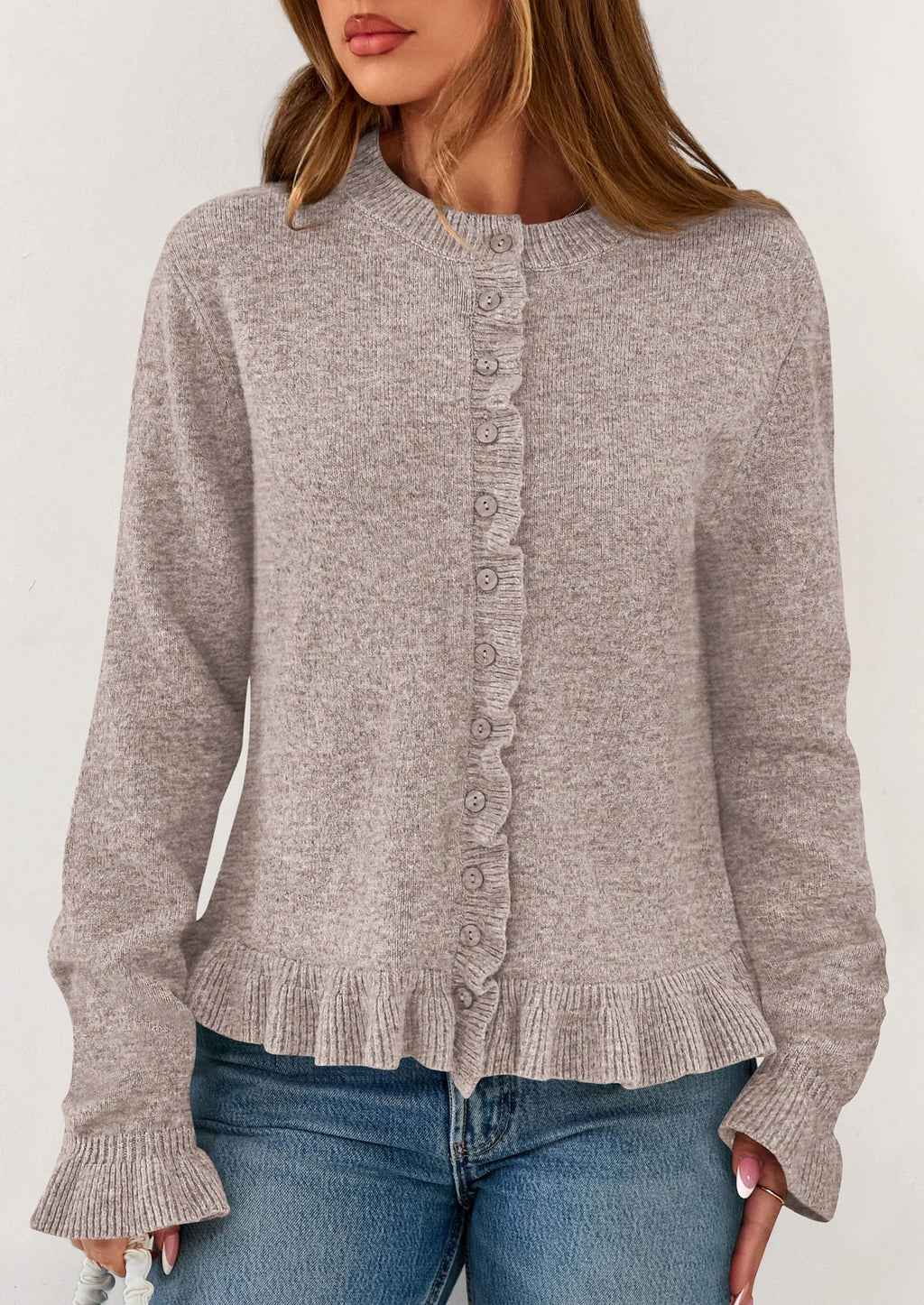 PRETTYGARDEN Womens Fall Button Down Cardigans Chunky Knit Ruffle Open Front Cropped Cardigan Sweaters Soft Long Sleeve Tops