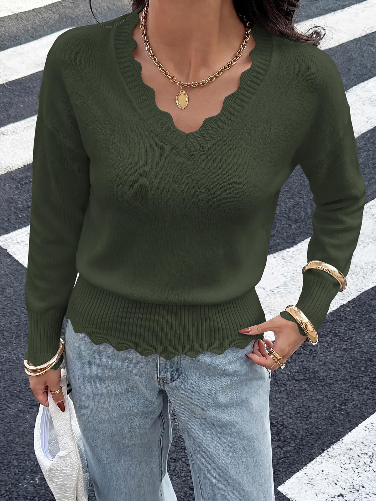 BTFBM Fall Long Sleeve Sweaters for Women | V Neck,Drop Shoulders,Scallop Edges,Lightweight Knit Sweaters Top,Daily Wear,Holiday,Christmas,Winter Clothing