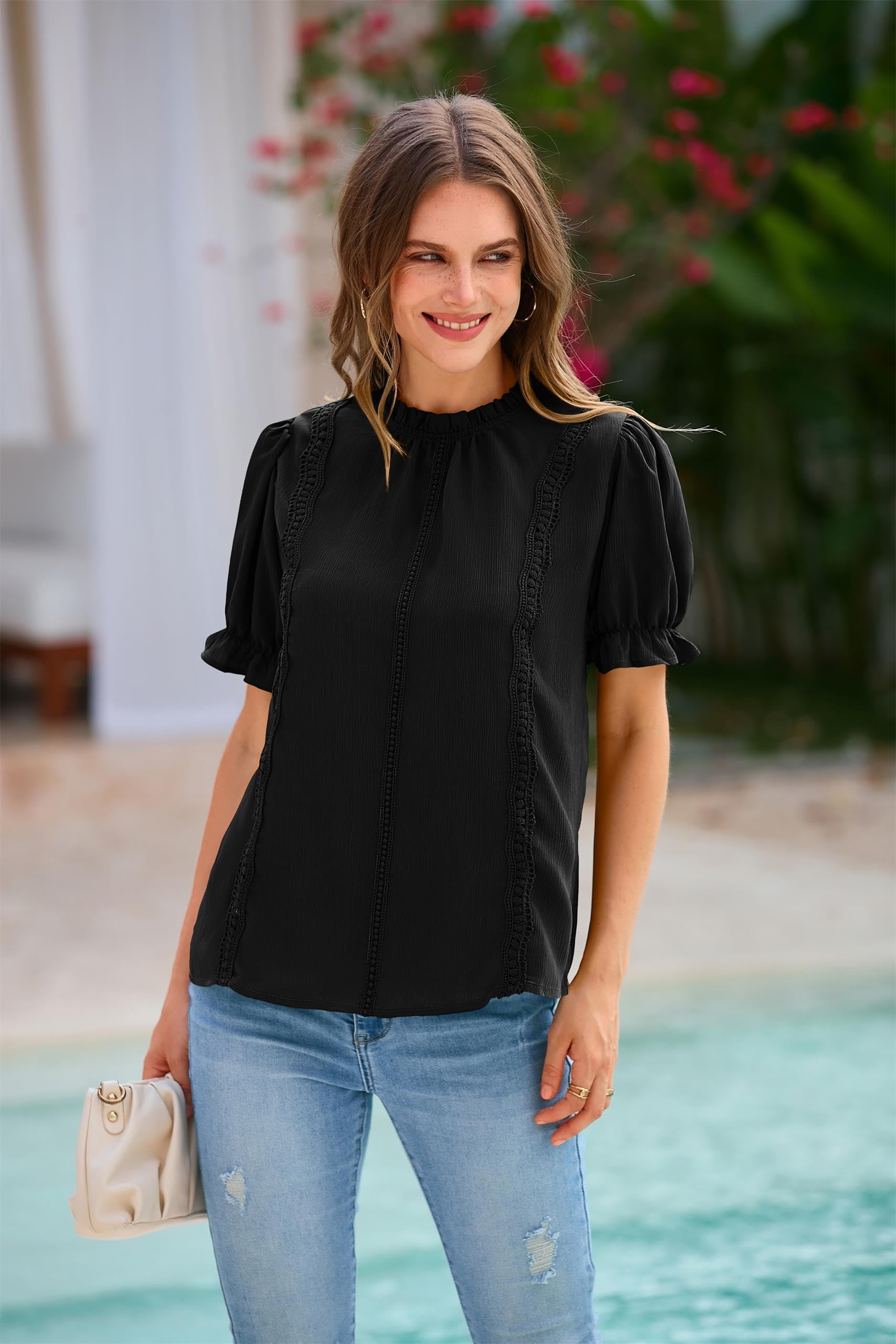 PRETTYGARDEN Womens Summer Tops Trendy Mock Neck Puff Sleeve Blouse Dressy Casual Business Western Shirts Spring Clothes