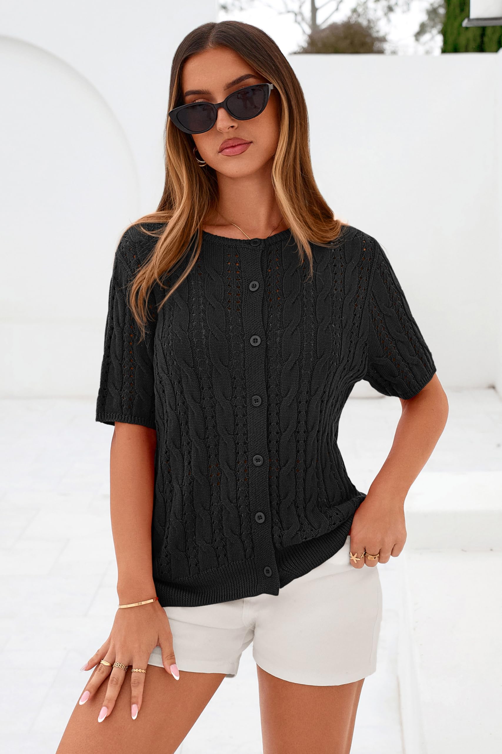FreshPretty  Women Summer Cable Knit Crochet Cardigan Sweaters Casual Button Short Sleeve Sweater Cute Beach Hollow Out Knit Top