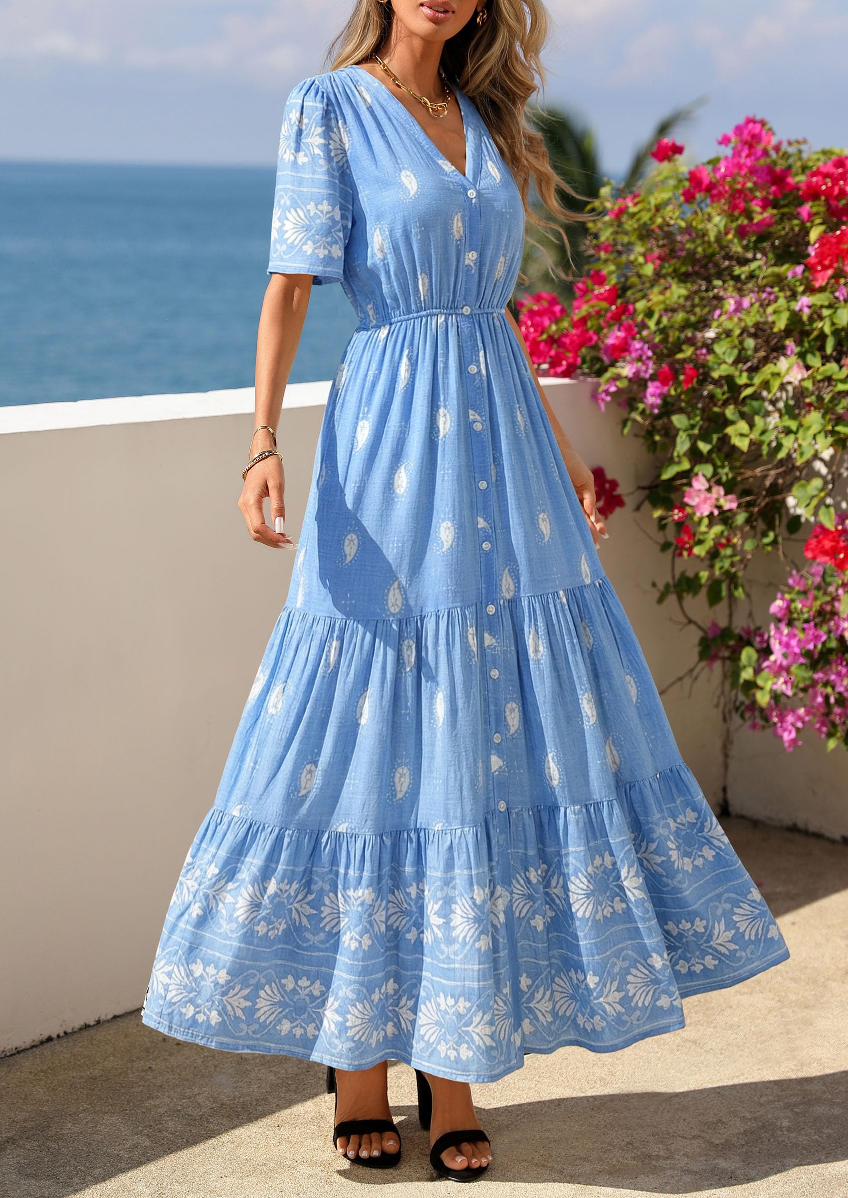 PRETTYGARDEN Womens Summer Boho Maxi Dress Trendy Short Sleeve V Neck Flowy Beach Floral Dresses with Pockets