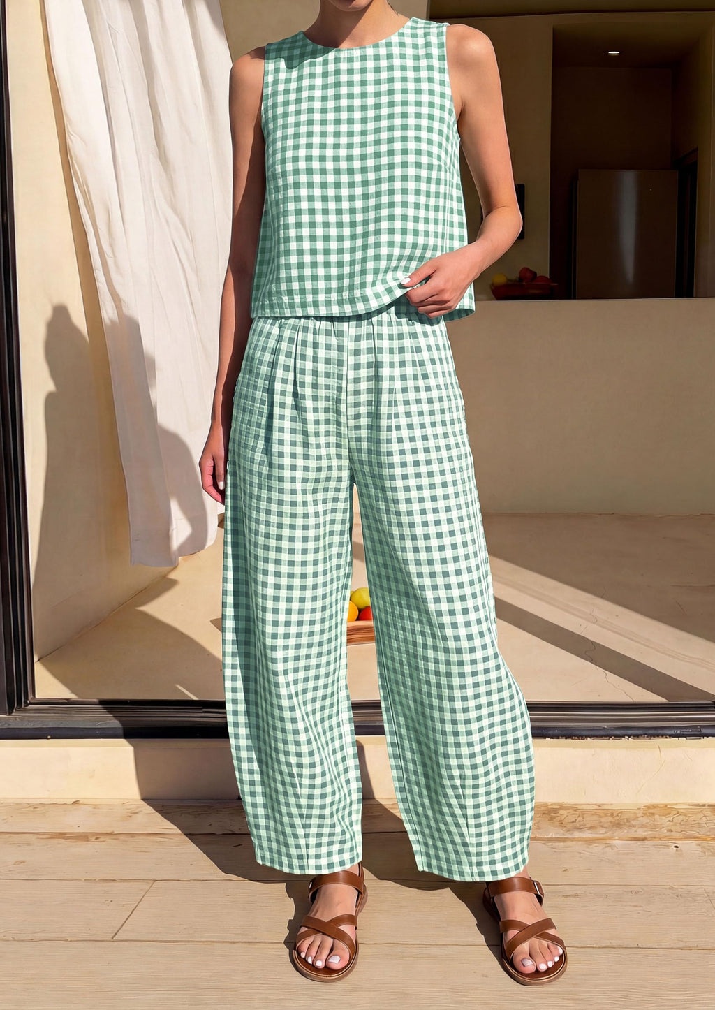 PRETTYGARDEN Womens 2 Piece Sets Summer Plaid Sleeveless Tops Wide Leg Pants Matching Lounge Set Beach Vacation Outfits