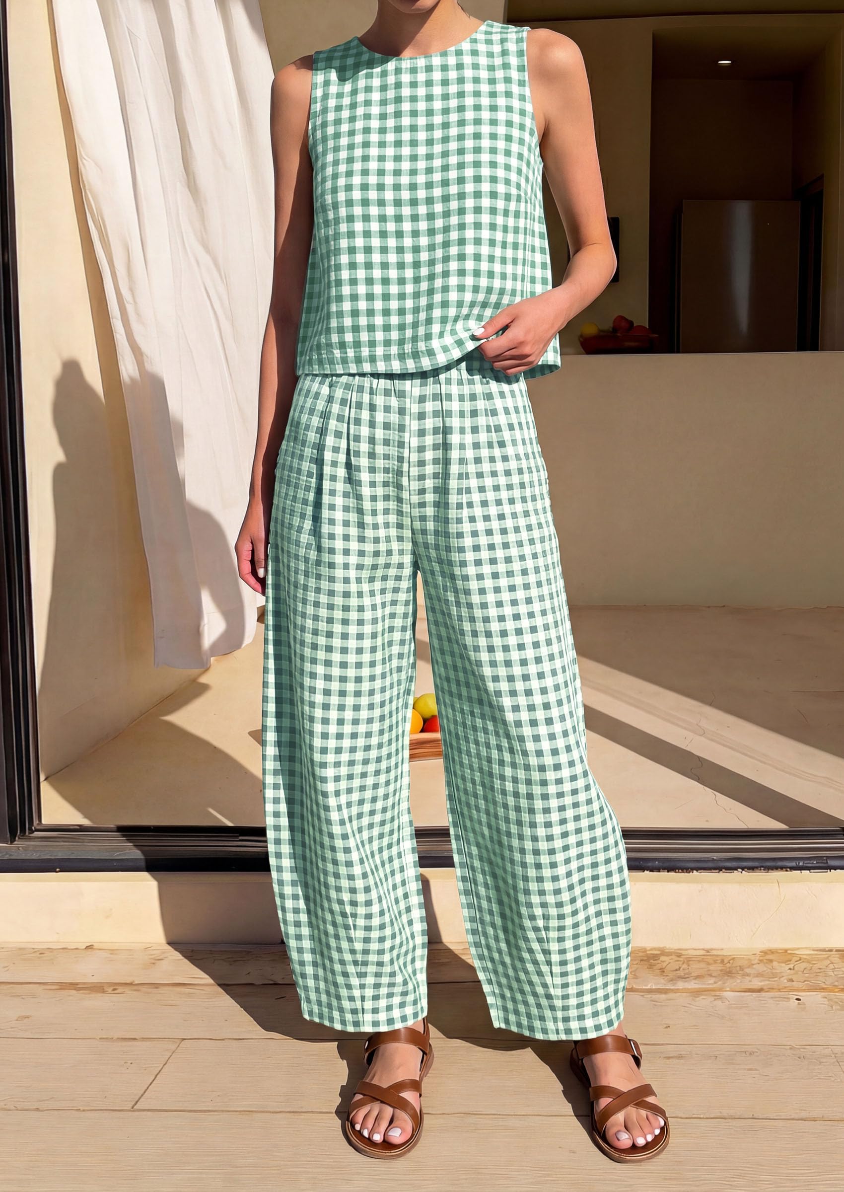 PRETTYGARDEN Womens 2 Piece Sets Summer Plaid Sleeveless Tops Wide Leg Pants Matching Lounge Set Beach Vacation Outfits