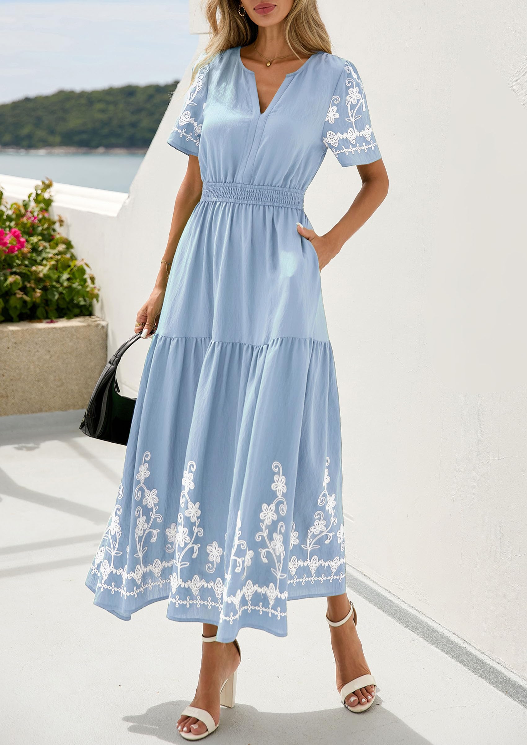 PRETTYGARDEN Women's Summer Boho Maxi Dress Spring Floral Short Sleeve V Neck A Line Flowy Beach Wedding Guest Dresses