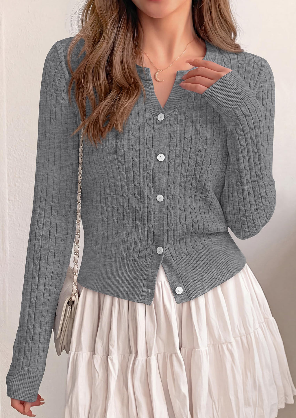 FreshPretty Women's Cable Knit Cropped Cardigan Sweater V Neck Button Down | Soft Lightweight Cable Knit, Long Sleeve, V Neck Button Front, Cropped Ribbed Trim, Business Casual Fall Winter Layering