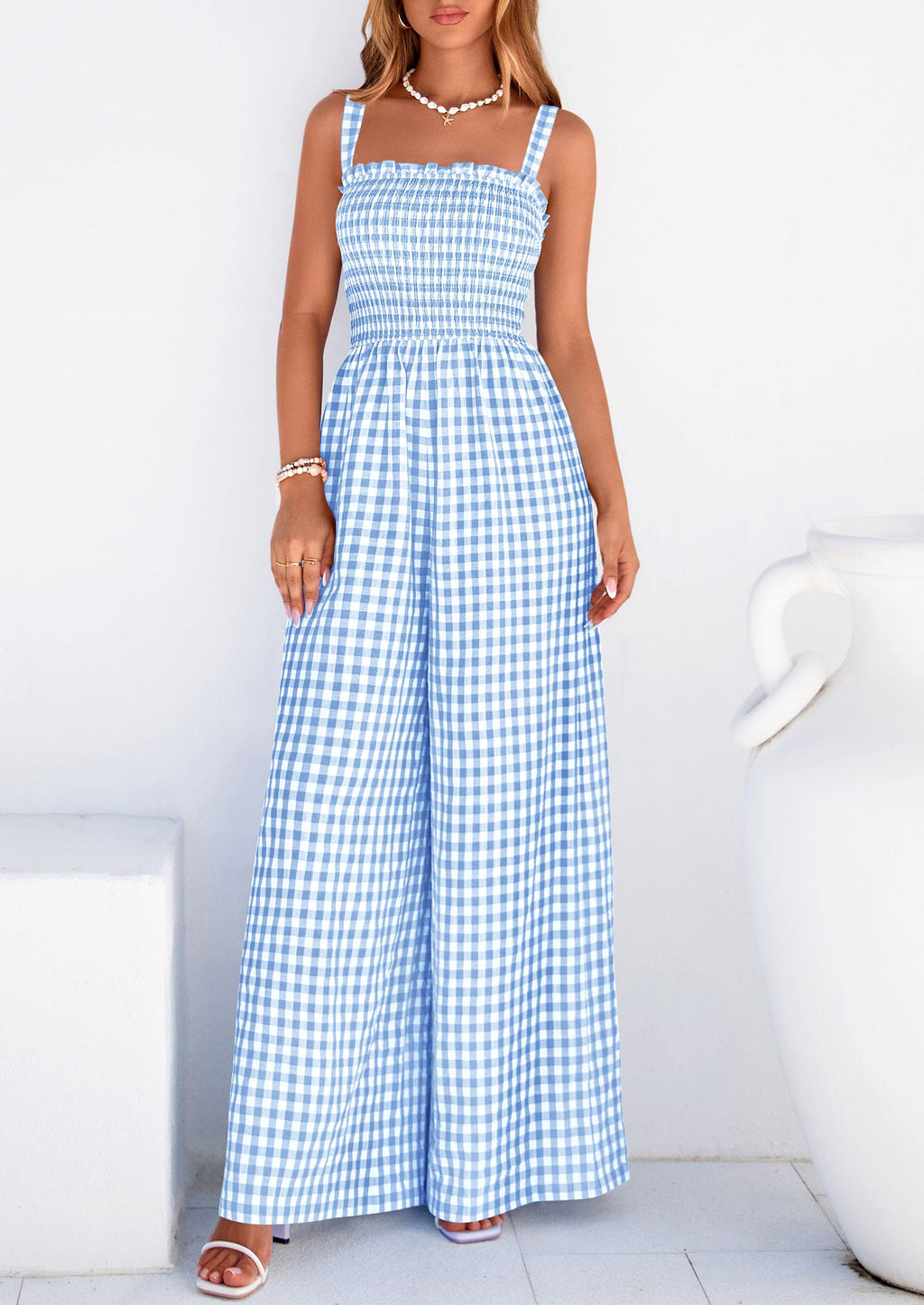 PRETTYGARDEN One Piece Jumpsuits for Women Casual Summer Cruise Outfits  Spring Fashion Smocked Wide Leg Gingham Rompers