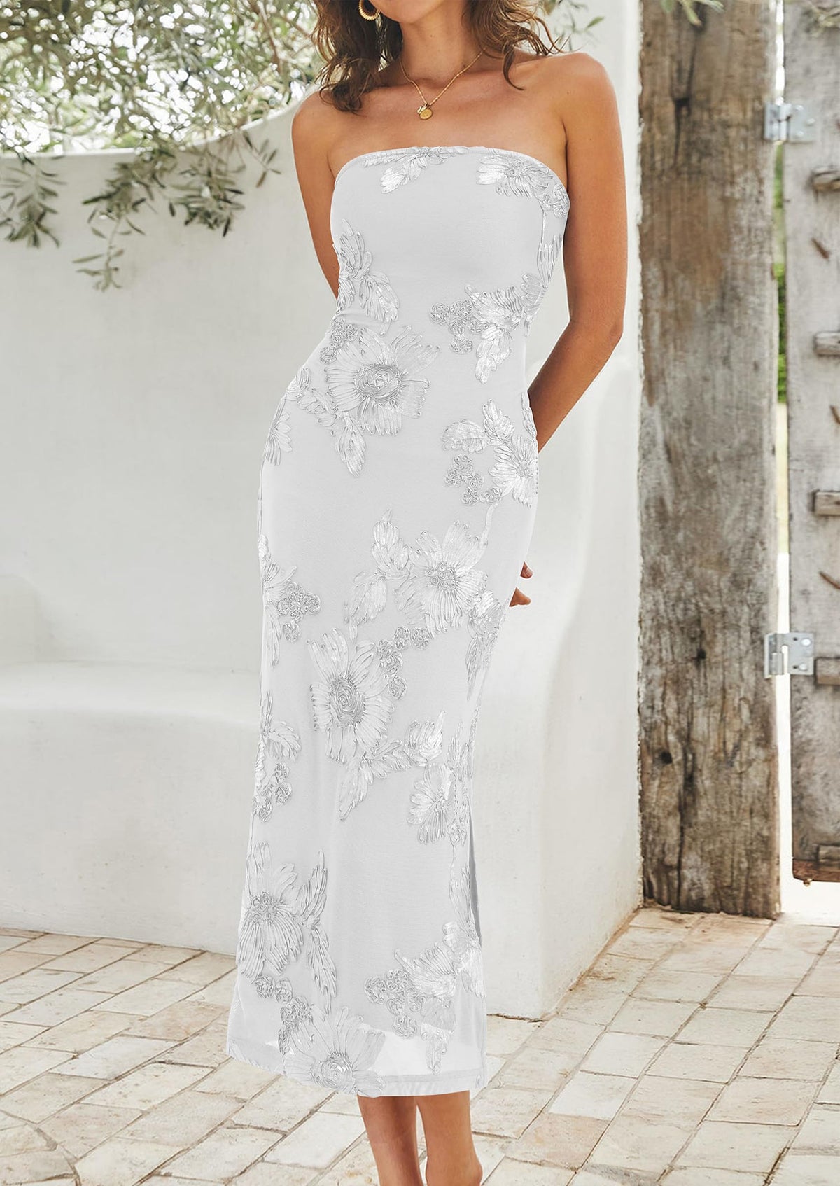 PRETTYGARDEN Women's Summer Wedding Guest Floral Midi Dress Strapless Tube Top, Side Slit, Bodycon Mesh, Elegant Cocktail Dresses for Homecoming Party, Birthday, Dinner, Formal Gowns