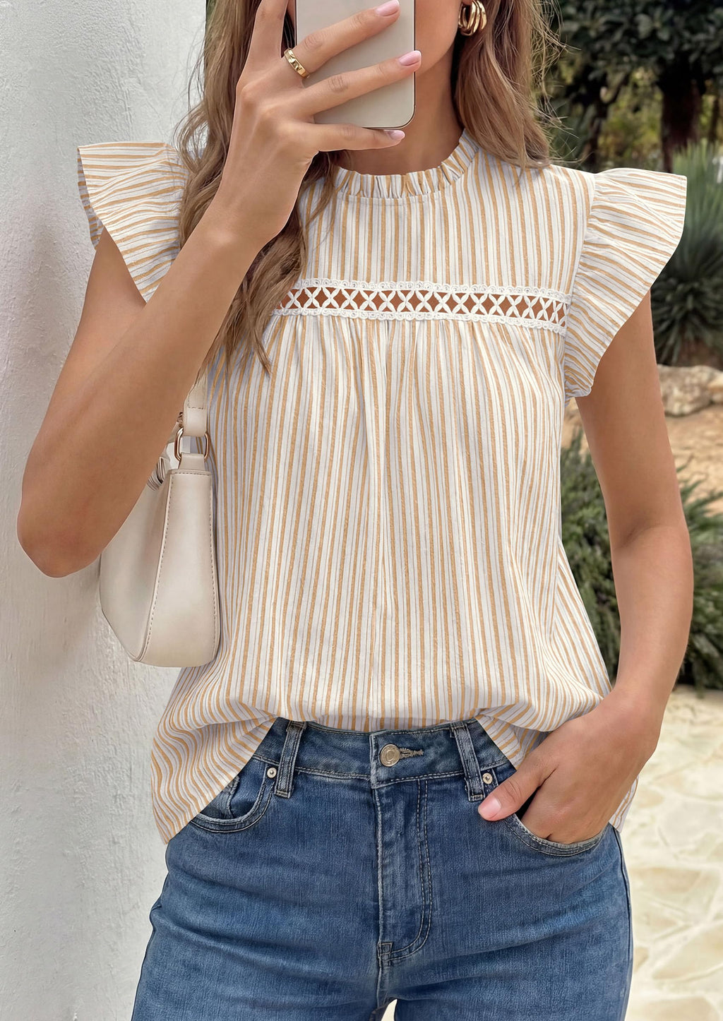 PRETTYGARDEN Striped Shirt Womens Summer Tops  Spring Business Casual Work Dressy Crochet Lace Ruffle Cap Sleeve Blouse