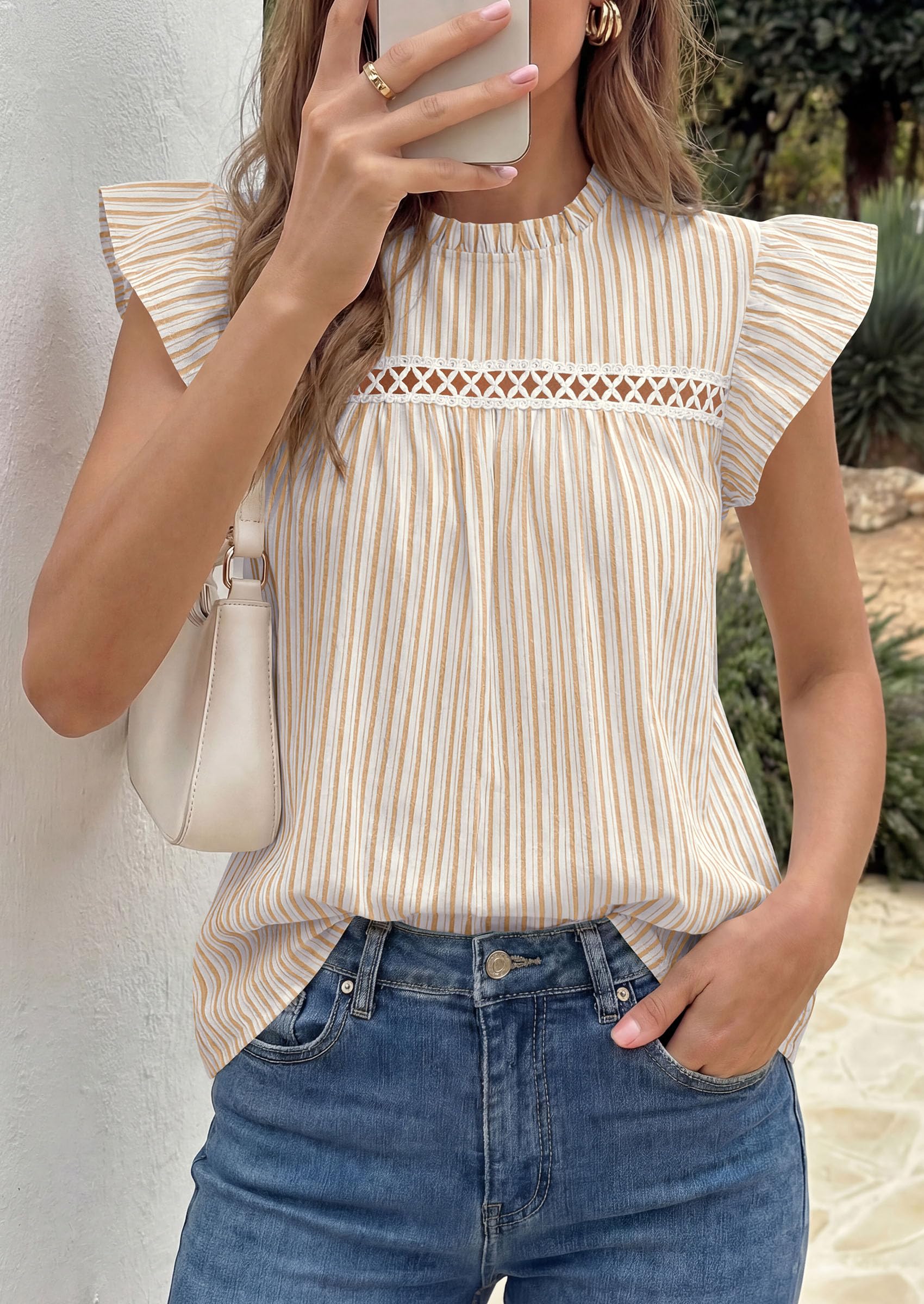 PRETTYGARDEN Striped Shirt Womens Summer Tops  Spring Business Casual Work Dressy Crochet Lace Ruffle Cap Sleeve Blouse