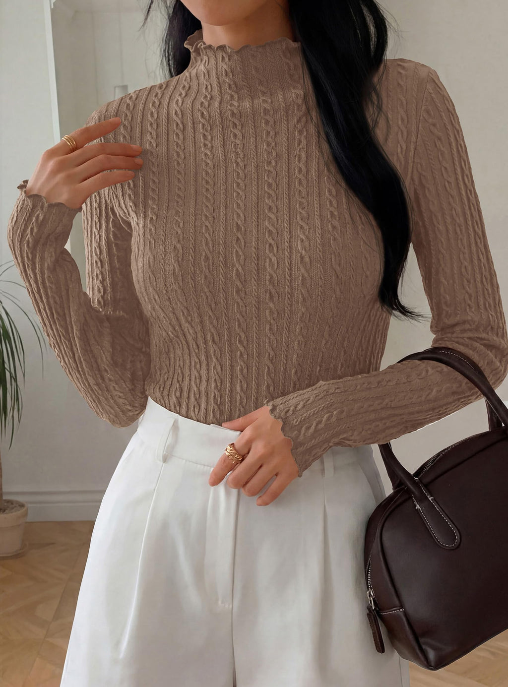 PRETTYGARDEN Women's Fall Long Sleeve Fitted Shirts | Comfy Stretchy Cable Knit, Trendy Lettuce Trim Mock Neck, Casual Basic Tees, Cute Layering Tops, 2026 Fashion Clothing