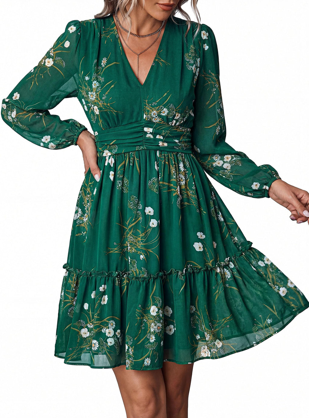 PRETTYGARDEN Women Floral Long Sleeve Mini Dress | Fall Wedding Guest Dresses, V Neck, Fit & Flare, Ruffle Hem A-Line, Short Chiffon Dress, Elegant Holiday Party, Date Outfits