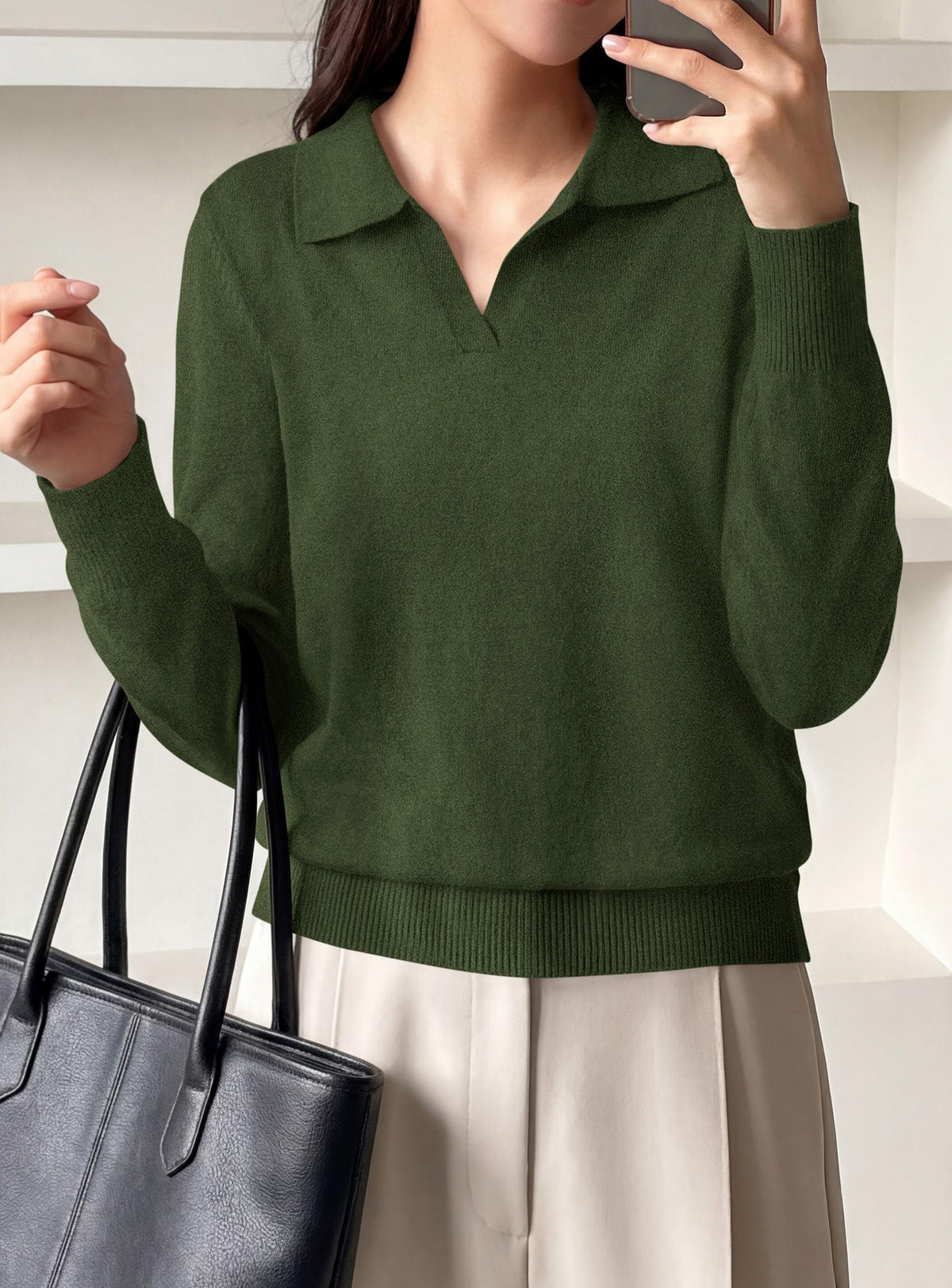 PRETTYGARDEN Womens Long Sleeve Collared Polo Sweater | Breathable Soft Ribbed Knit, Lapel V Neck Pullover Sweaters, Business Casual Work Office Tops, 2026 Trendy Fall Outfits