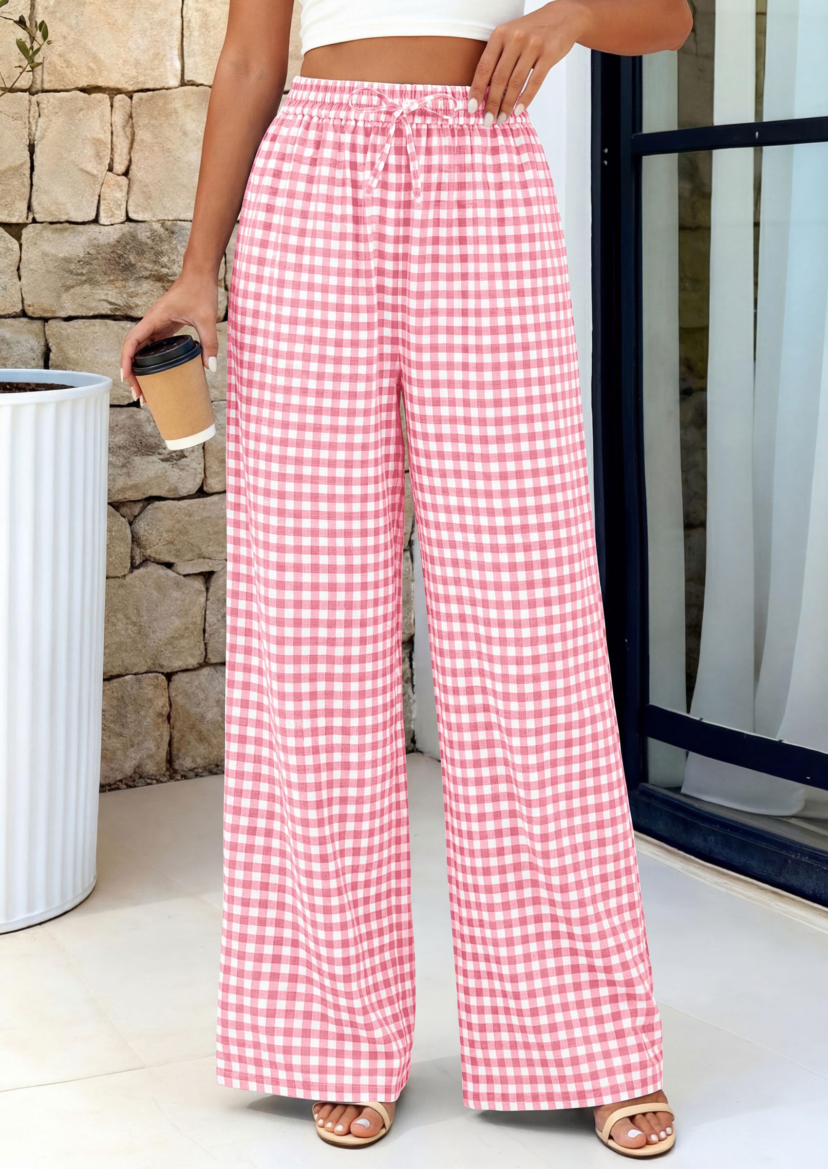 PRETTYGARDEN Women's Wide Leg Gingham Lounge Pants Summer  Casual Plaid Trousers Spring Y2K Clothes Comfy Pajama Bottoms