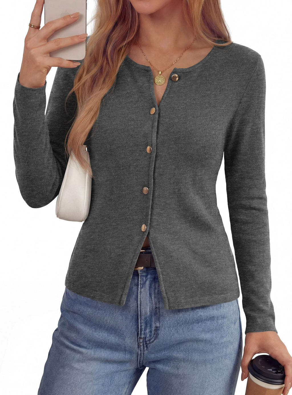 PRETTYGARDEN Button Up Cardigan Sweaters for Women | Slim Fitted Knitwear,Long Sleeve Lightweight Knit Cardigans,Business Casual Outfits Work Tops,Layering Piece for Fall&Winter