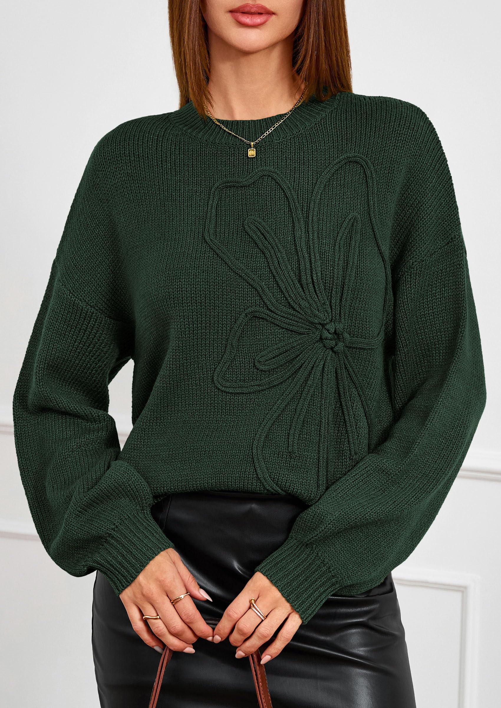 PRETTYGARDEN Womens Sweaters  Fall Fashion Long Sleeve Crewneck Floral Knit Pullover Sweater Tops Winter Clothes