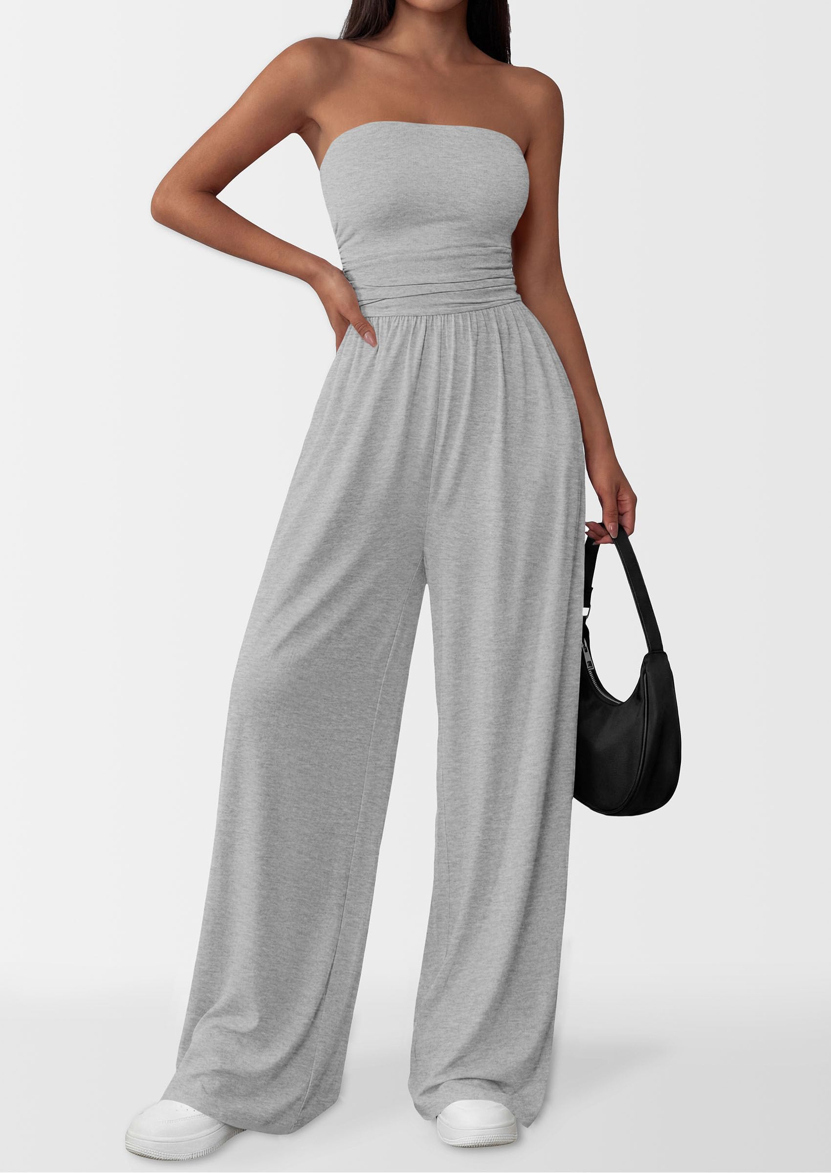 PRETTYGARDEN Womens Trendy Strapless Rompers Ruched Tube Top Wide Leg One Piece Jumpsuits Beach Vacation Summer Outfits