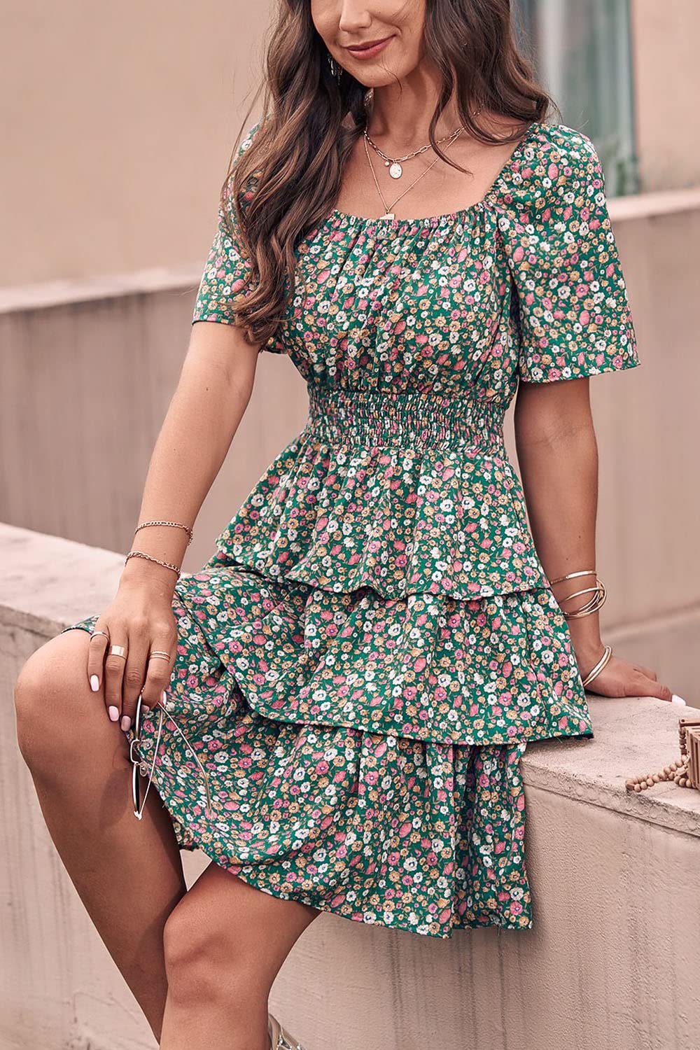 PRETTYGARDEN Women's  Floral Summer Short Dress Square Neck Short Sleeve Tiered Ruffle Boho Swing Dresses