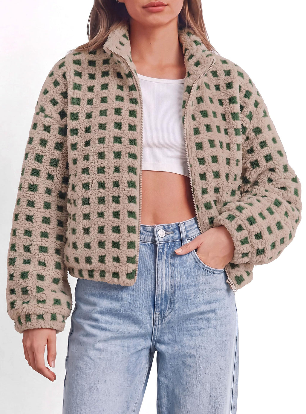 PRETTYGARDEN Women's Gingham Sherpa Fleece Jacket Plaid Cropped Teddy Coat Trendy Y2K Winter Jacket, Zip Up Stand Collar, Side Pockets, Fall Outfit for Casual Daily, Going Out, Streetwear, Outdoor