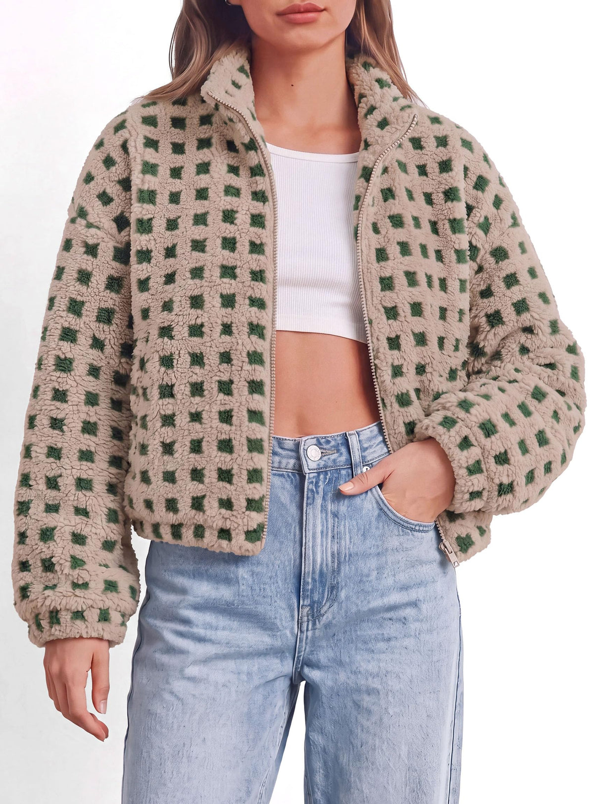 PRETTYGARDEN Women's Gingham Sherpa Fleece Jacket Plaid Cropped Teddy Coat Trendy Y2K Winter Jacket, Zip Up Stand Collar, Side Pockets, Fall Outfit for Casual Daily, Going Out, Streetwear, Outdoor