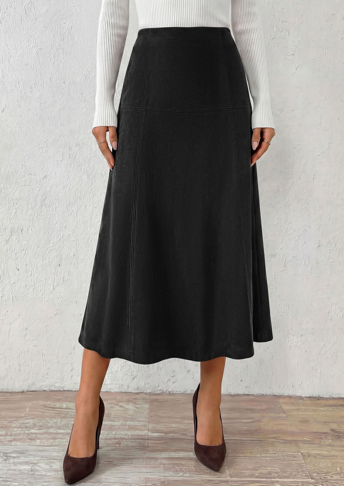 PRETTYGARDEN Womens High Waist Faux Suede A Line Midi Skirt | Hidden Stretch Elastic Waist, Front Back Panel Stitching, Vintage Elegant Mid-Calf Long Skirts for Fall Winter Office Daily