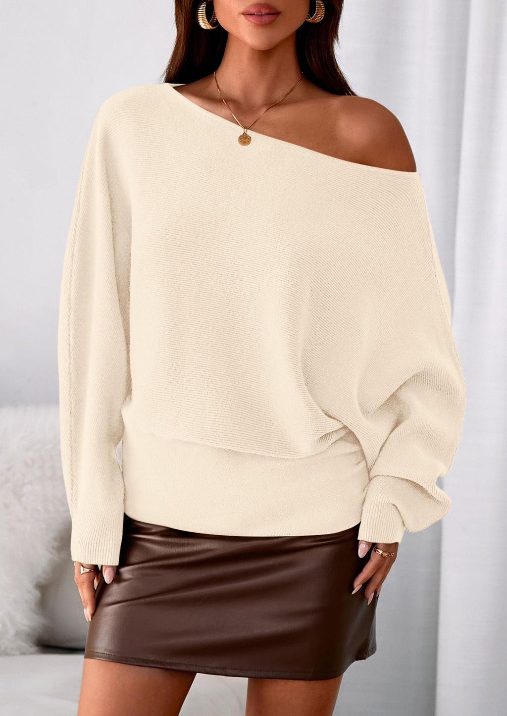 PRETTYGARDEN Women Off the Shoulder Sweater  Fall Trendy Long Batwing Sleeve Knit Pullover Going Out Tops Winter Clothing